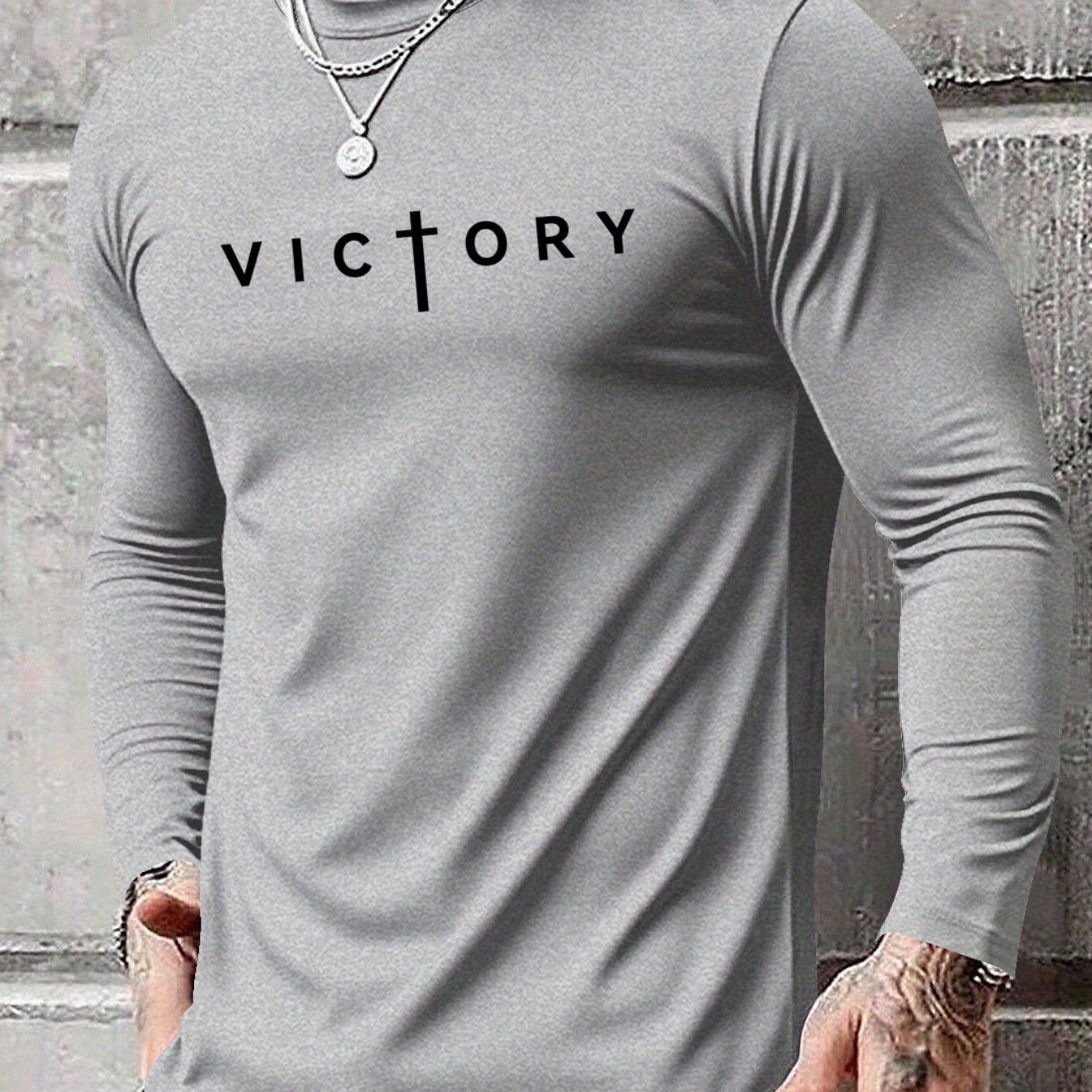 Men's Long Sleeve T-Shirt - Regular Fit Stretchy Everyday Shirt, Light Grey/Black, Breathable Layering Top for Gym, Office, Casual Outfits - Spring/Fall Essential Wardrobe Staple, PLUS SIZE