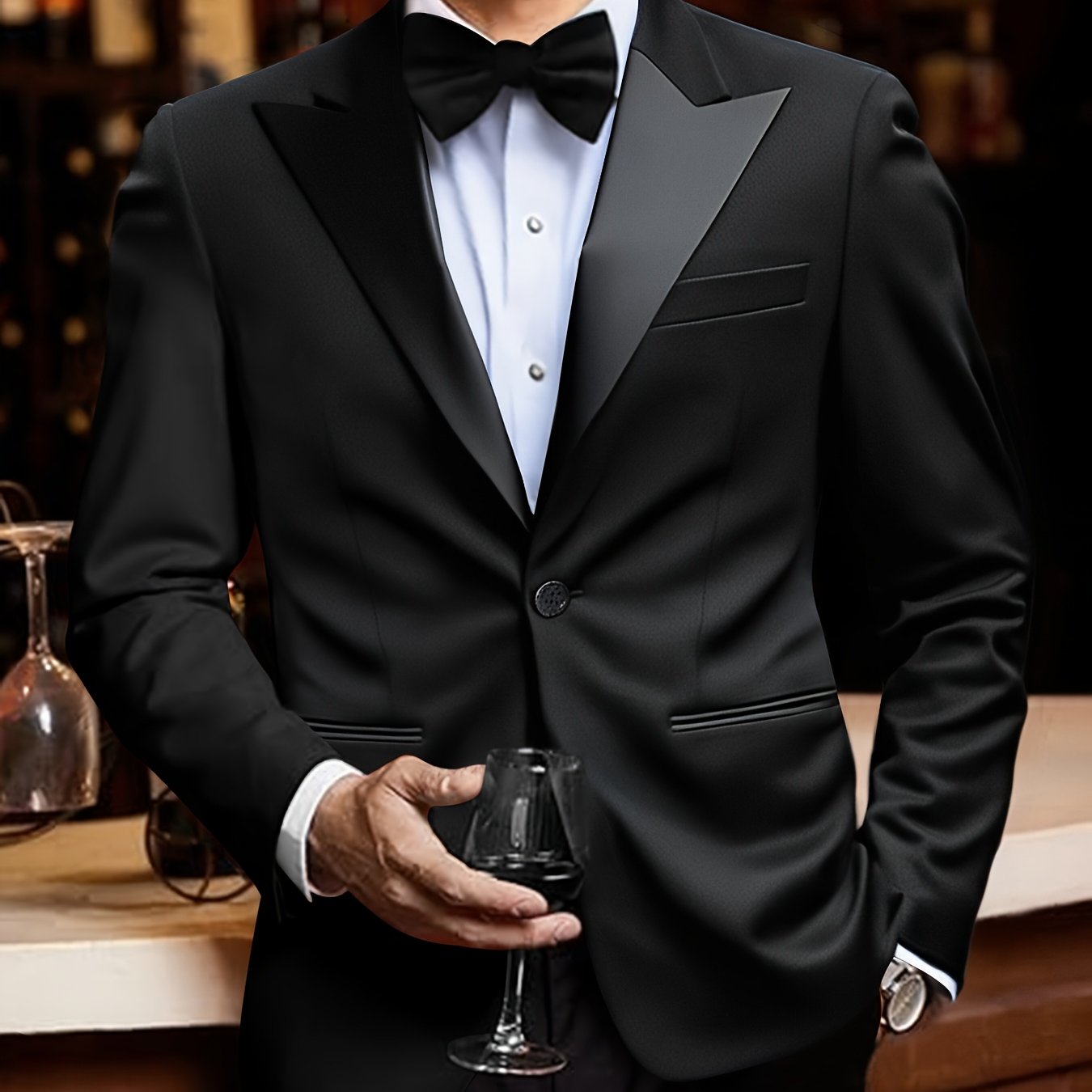 Men's Plus Size Elegant Black Tuxedo with Flat Peak Lapel & Single-Button Closure - Formal Evening Suit with Pockets, Machine Washable, All-Season Wear for Weddings, Prom, Galas & Business Events - Stylish & Comfortable Tailo