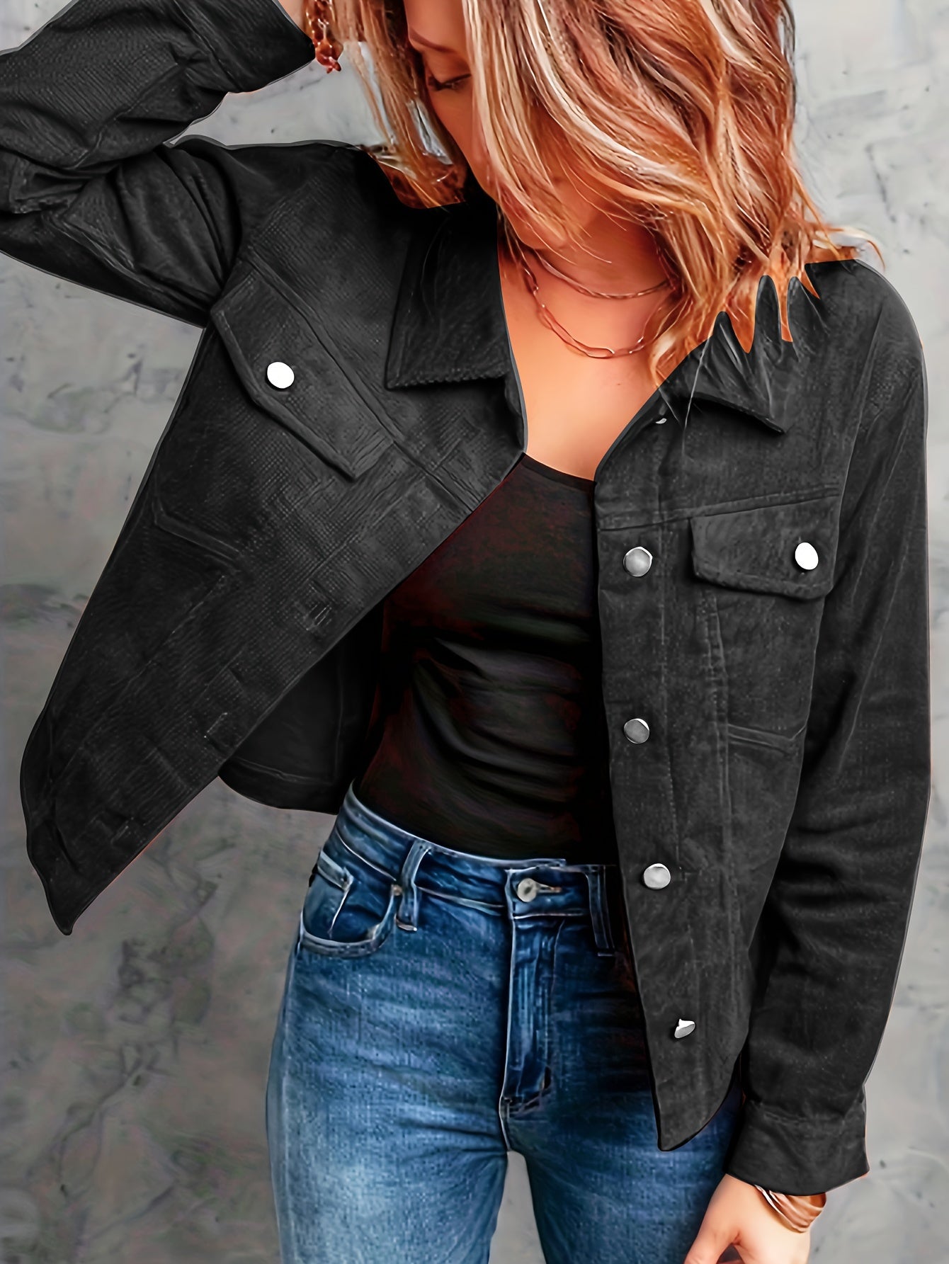 Corduroy Button Front Flap Pockets Jacket, Casual Long Sleeve Jacket For Spring & Fall, Women's Clothing