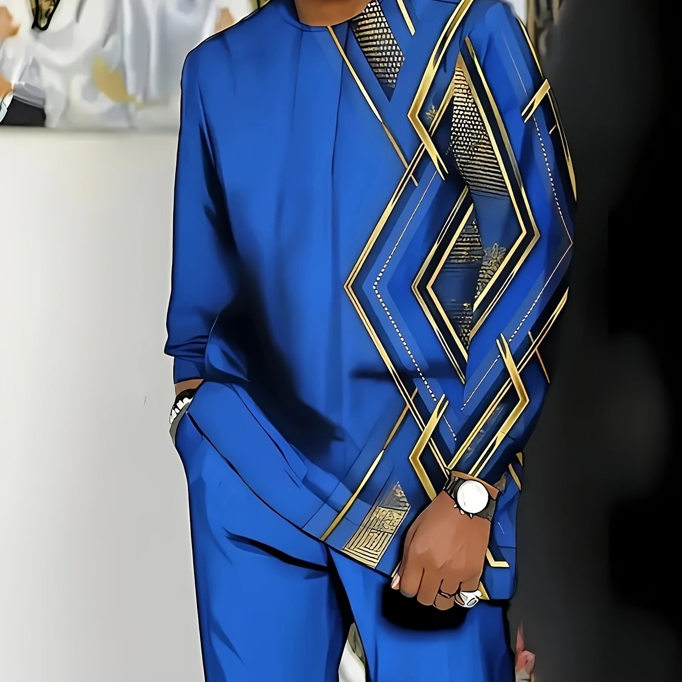 Large Men's Casual Sportswear Set -100% Polyester Fiber Knitted Fabric, Slightly Elastic, Round Neck Long Sleeved Top And Pants, Regular Silhouette, Geometric Pattern Details, PLUS SIZE