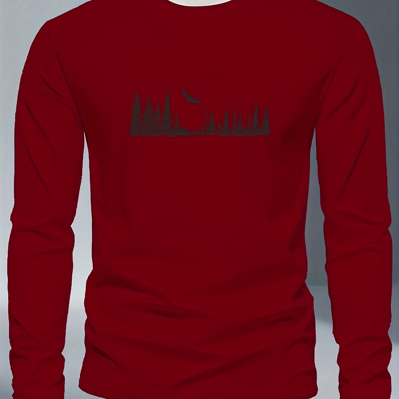 Men's Plus Size Long Sleeve T-Shirt - Navy Blue with Golden Pine Tree & Bird Design - Relaxed Fit Casual Everyday & Formal Wear - Machine Washable Graphic Tee, Durable Fabric Shirt, Versatile Top, Geometric Pattern, Comfortab