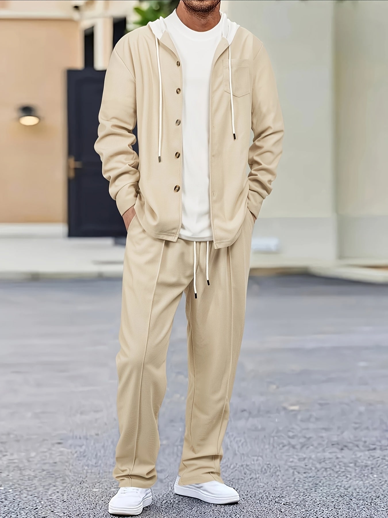 Men's Two-Piece Waffle Knit Set with Hooded Button-Up Cardigan and Drawstring Sweatpants Casual Wear Comfortable Outfit for Spring/Autumn