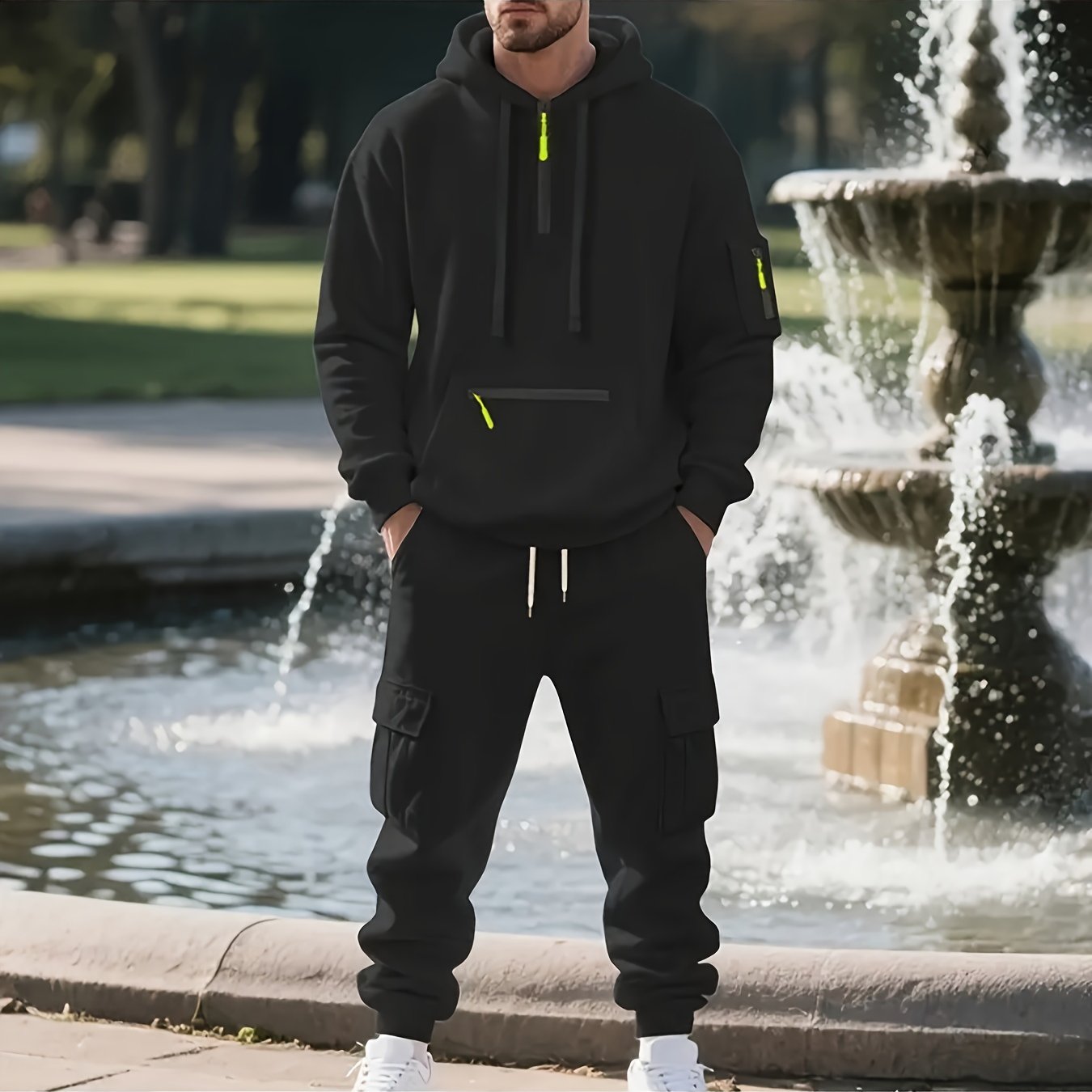 2pcs Men's Oversized Fleece Hooded Set - Heavyweight Warmth Breathable Fleece Jogger Tracksuit with Full-Zip Hoodie & Matching Pants, Grey/Black Casual Athletic Outfit for Gym, Outdoor, Casual Attire - Machine Washable, Round