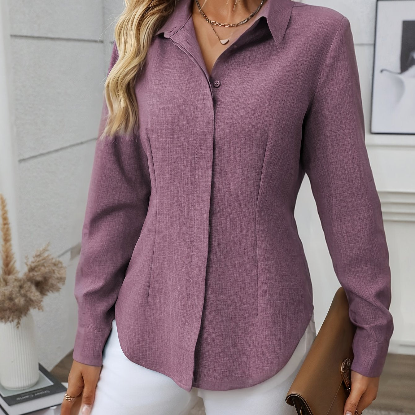 Women'S Elegant Loose-Fit Long Sleeve Blouse - Classic Button-Front Placket, Office & Casual Shirt for Teachers, Professionals - All-Season Everyday & Formal Attire - Easy-Care Women'S Business Blouse, Teacher Wardrobe Essent