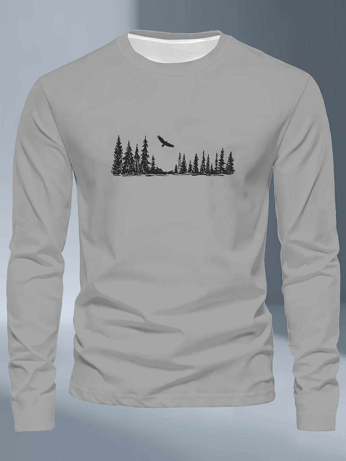 Men's Plus Size Long Sleeve T-Shirt - Navy Blue with Golden Pine Tree & Bird Design - Relaxed Fit Casual Everyday & Formal Wear - Machine Washable Graphic Tee, Durable Fabric Shirt, Versatile Top, Geometric Pattern, Comfortab