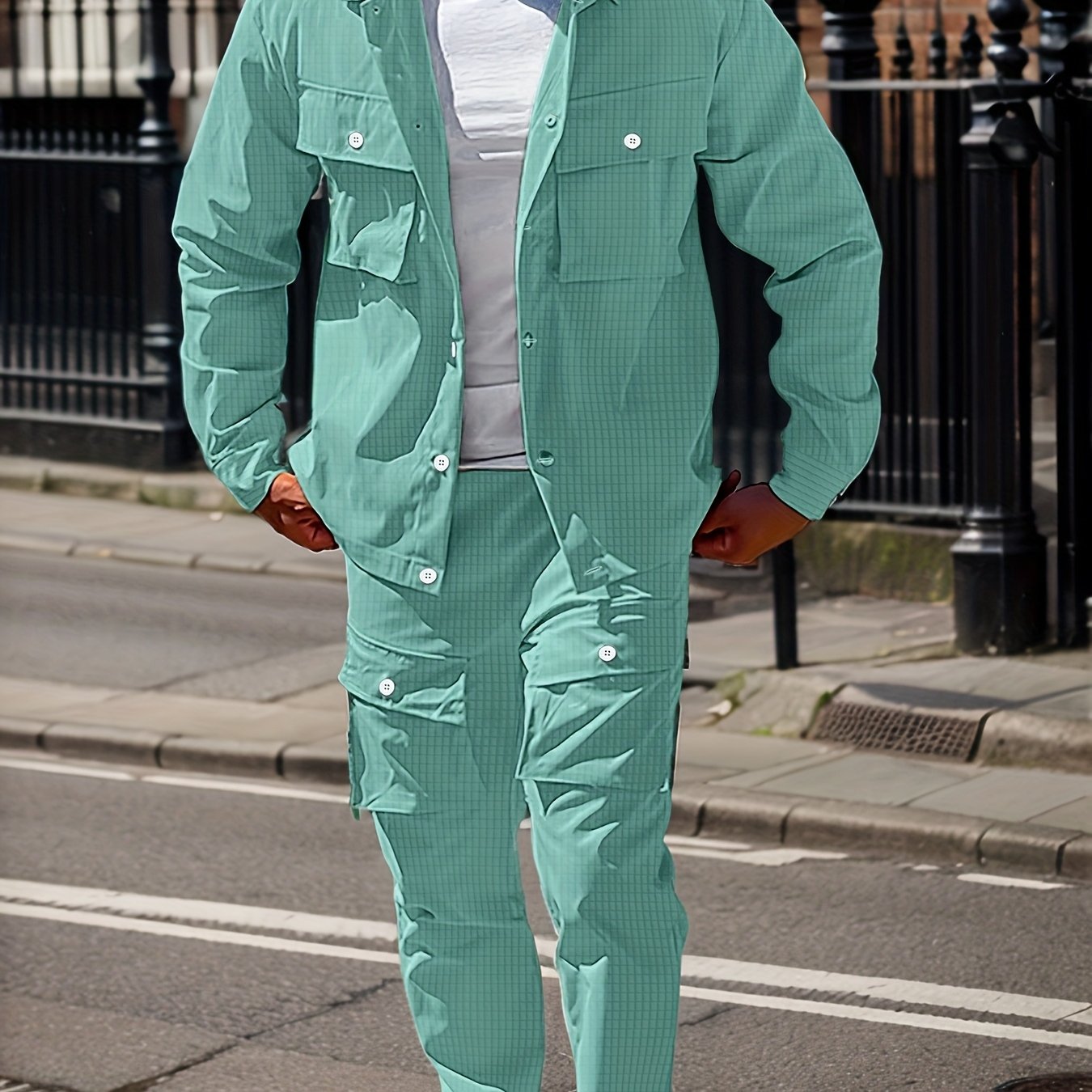 Large Size Men's Casual Long Sleeve Shirt and Trousers Set, PLUS SIZE