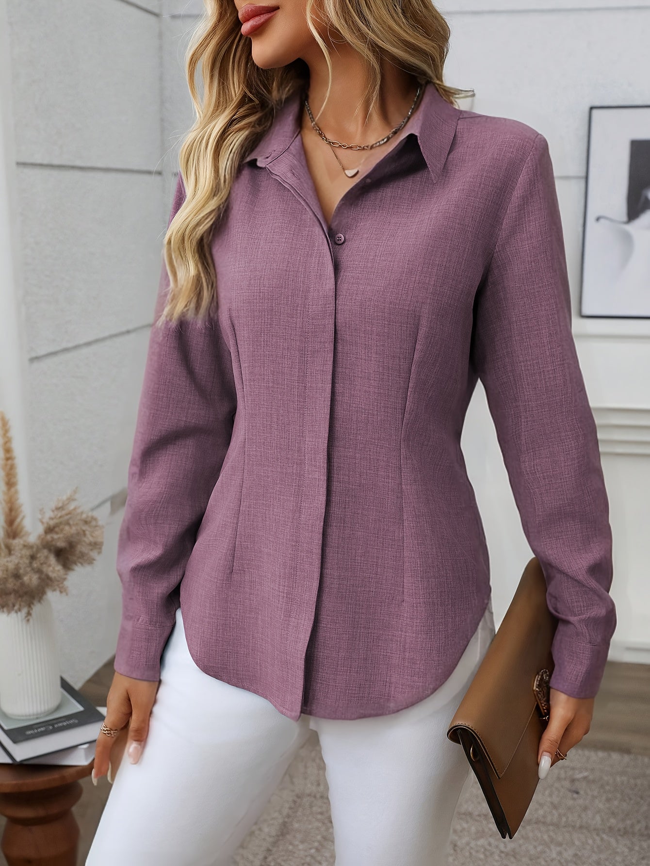 Women'S Elegant Loose-Fit Long Sleeve Blouse - Classic Button-Front Placket, Office & Casual Shirt for Teachers, Professionals - All-Season Everyday & Formal Attire - Easy-Care Women'S Business Blouse, Teacher Wardrobe Essent