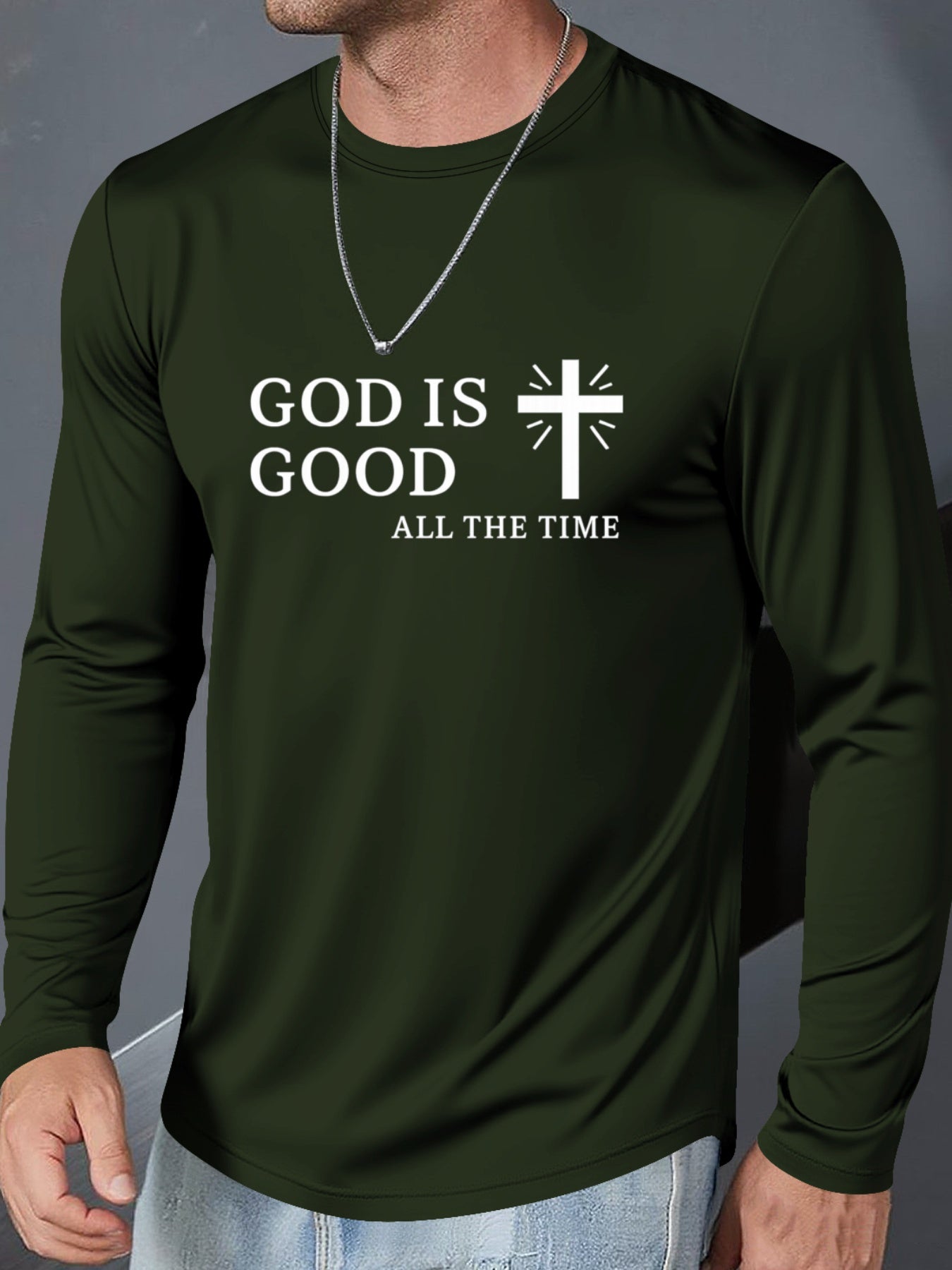 Men's Plus Size Christian Faith T-Shirt - Inspirational "GOD IS GOOD ALL THE TIME" & Cross Print, Breathable Long Sleeve Round Neck Casual Shirt for Church, Casual Attire, Spring/Fall Layering (Adults & Teens) - Comfortable R