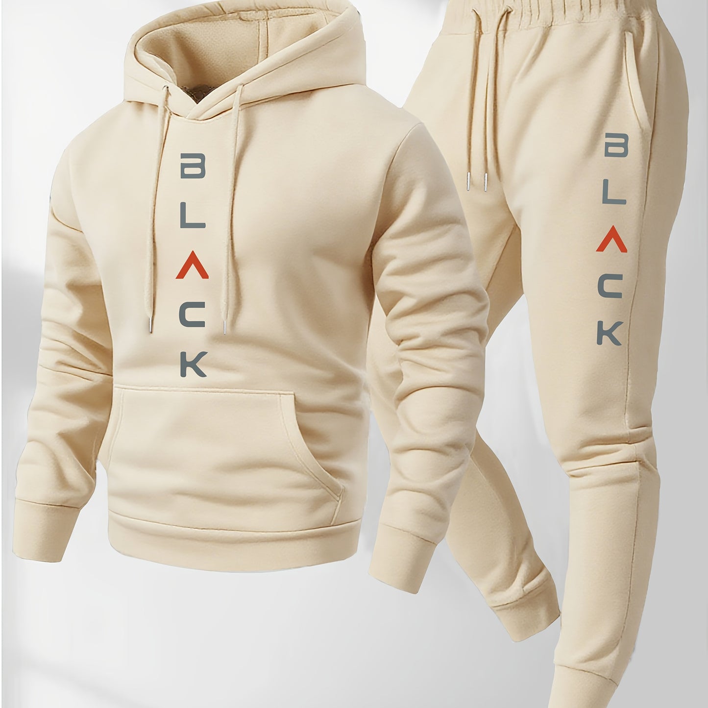 Men'S Complete Outfit - Stylish Hooded Sweatshirt & Joggers Set with "BLACK" Print, Gray Casual Streetwear, Long Pants, and Matching Hoodie, Perfect for Fall/Winter, Cozy Clothing | Sporty Look | Nonstretch Fabric