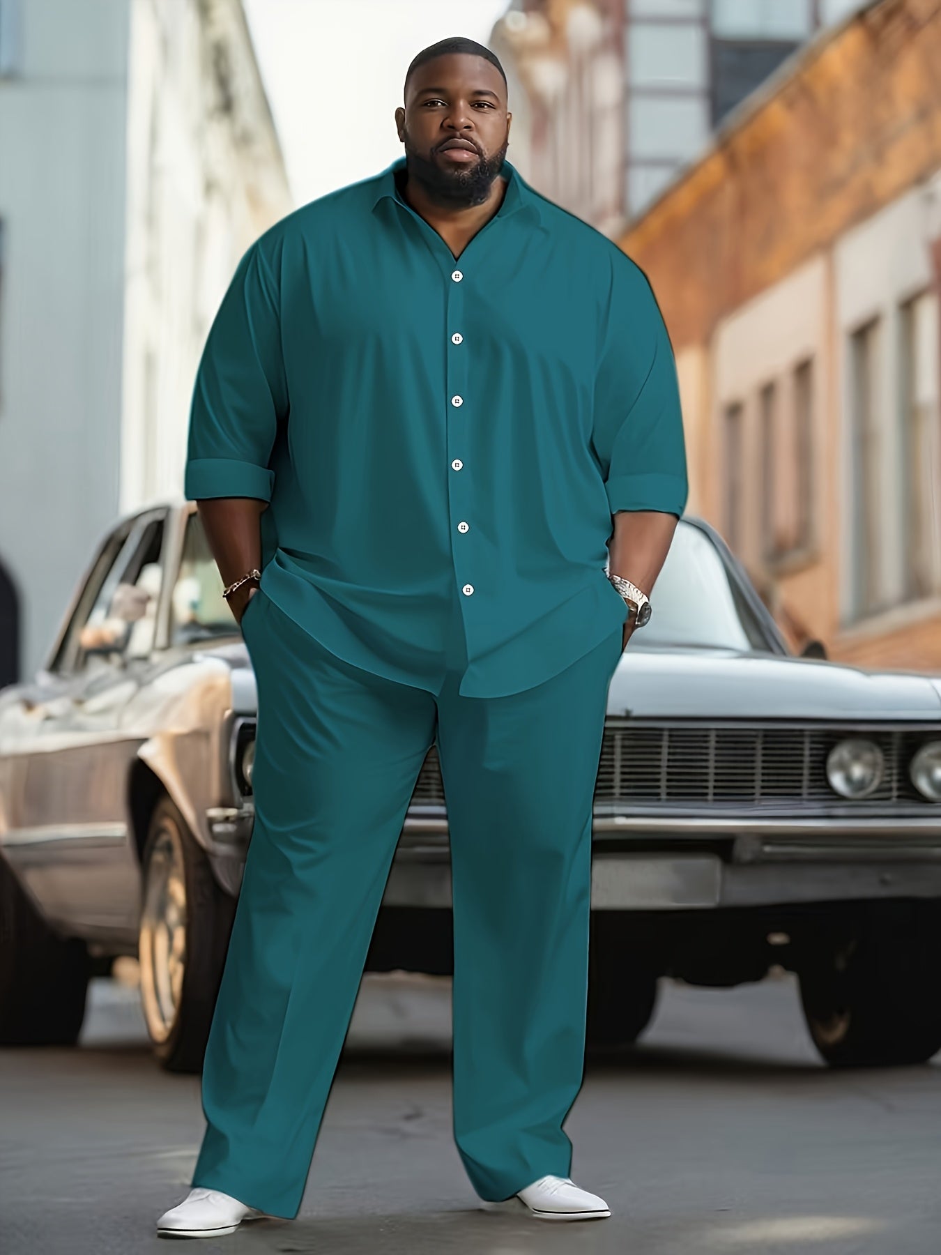 Plus Size Men's Sets, Long Sleeve Shirt & Trousers, Casual Suit Polyester Machine Washable, Lapel Stretch Outfit, Big & Tall Men, Stylish Comfort, Casual Wear, Work Attire, Stylish Set, Versatile Outfit, Comfortable Fit, Brea