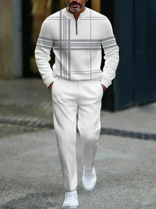 Men'S 3D Print Full-Body Vertical Stripe Two-Piece Set - White & Black Slim-Fit Long Sleeve Sweater & Pants, All-Season Casual & Sporty Outfit for Holiday Parties, Travel, Daily Commute | Modern Formal-to-Casual Wear with Zip
