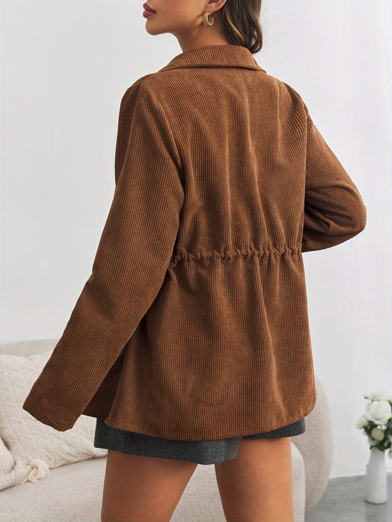 Solid Color Button Front Jacket, Casual Long Sleeve Flap Pockets Drawstring Jacket for Spring & Fall, Women's Clothing