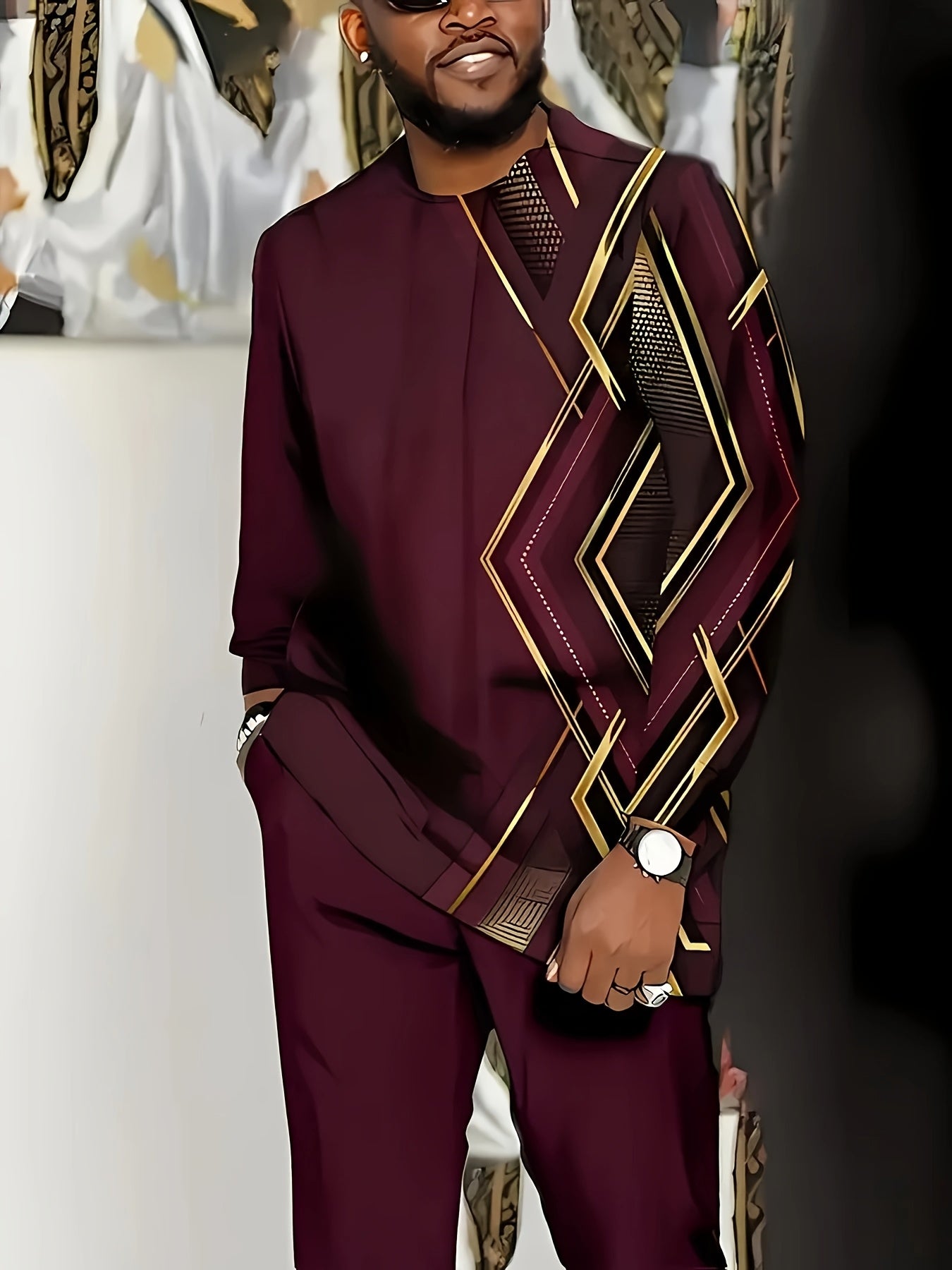 Large Men's Casual Sportswear Set -100% Polyester Fiber Knitted Fabric, Slightly Elastic, Round Neck Long Sleeved Top And Pants, Regular Silhouette, Geometric Pattern Details, PLUS SIZE