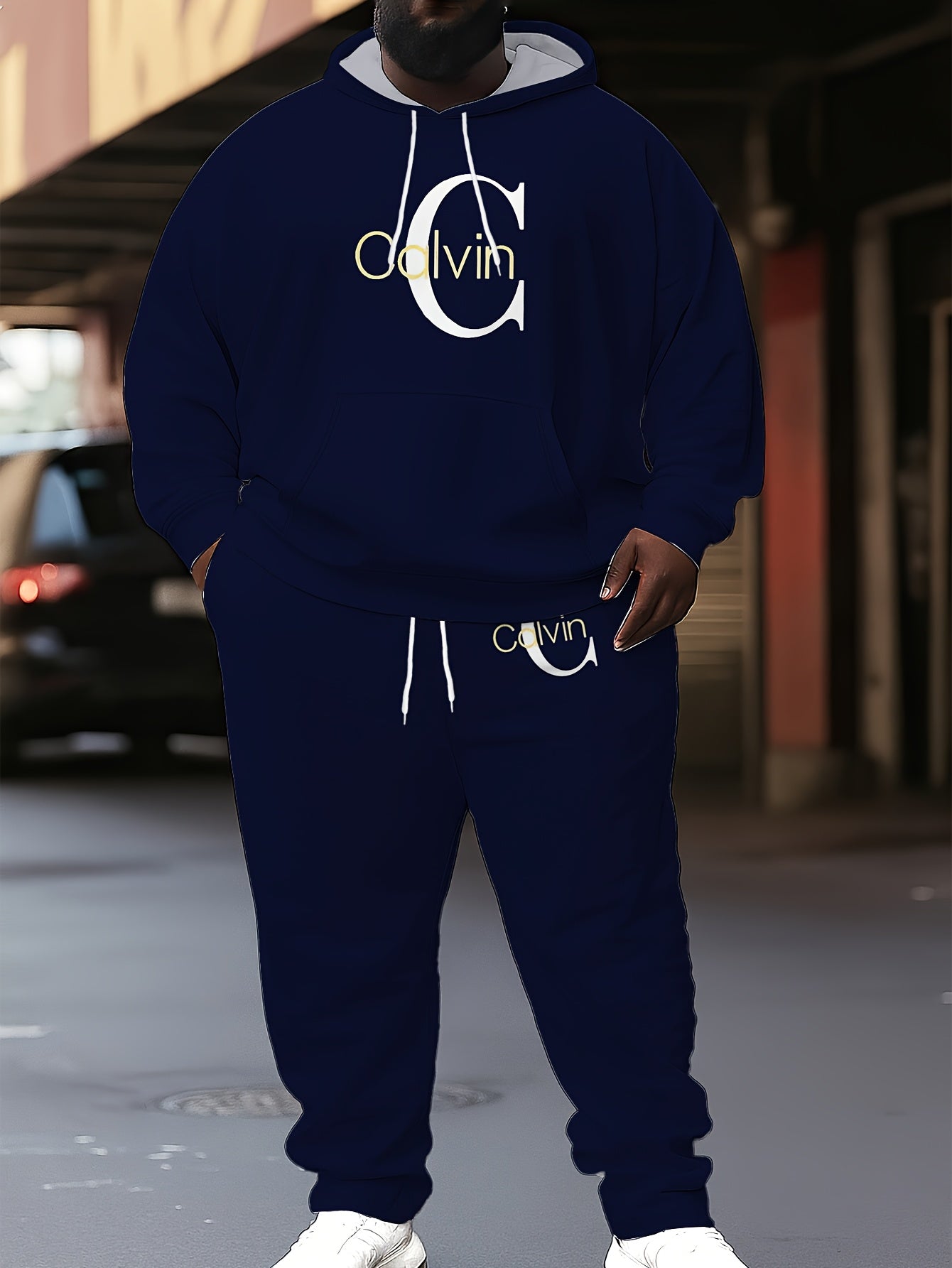 2pcs Men's Plus Casual Polyester Hoodie and Joggers Set with Letter Print, Suitable for Leisure and Outdoor Activities, Spring/Autumn Clothing, PLUS SIZE