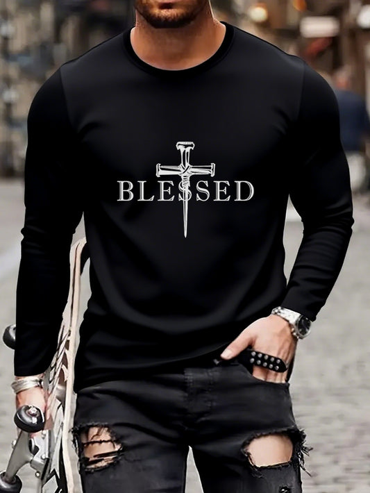 Men's 100% Oversized Jesus Print T-Shirt - Faith Cross & Blessed Design, Crew Neck Long Sleeve Casual Top, All-Season Comfortable Church Wear, Study Apparel, Durable Everyday Religious Clothing, PLUS SIZE