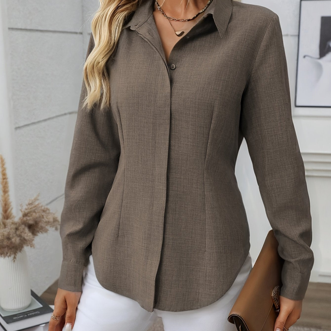 Women'S Elegant Loose-Fit Long Sleeve Blouse - Classic Button-Front Placket, Office & Casual Shirt for Teachers, Professionals - All-Season Everyday & Formal Attire - Easy-Care Women'S Business Blouse, Teacher Wardrobe Essent