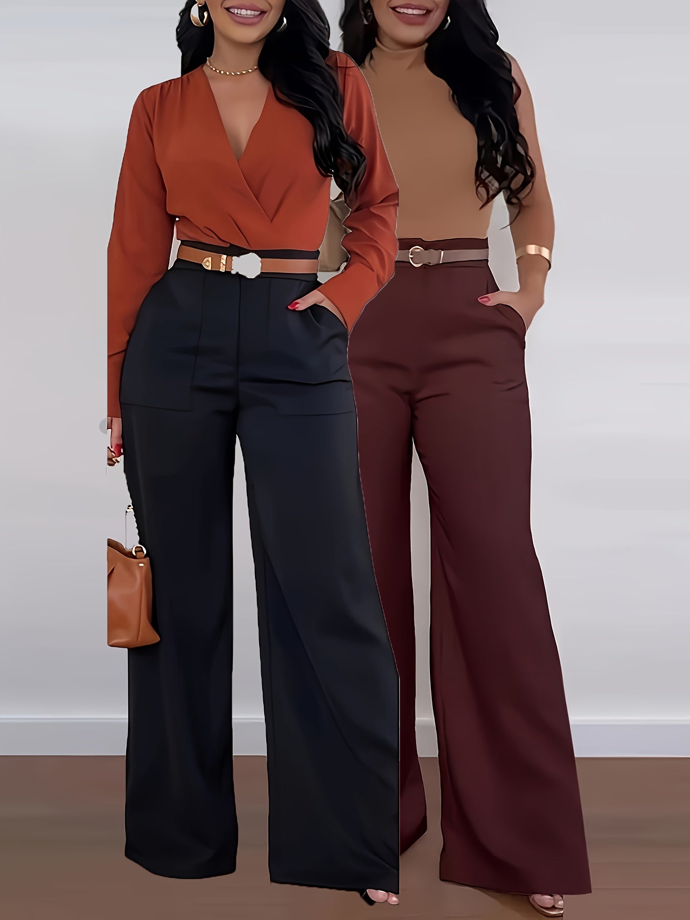 2pcs Women'S High-Waist Wide-Leg Pants - Elegant Solid Color Straight-Leg Cargo Pants with Large Pockets, All-Season Comfort, Olive Green & White, Perfect for Casual or Stylish Outfits, High Waisted Pants, Versatile Clothing,