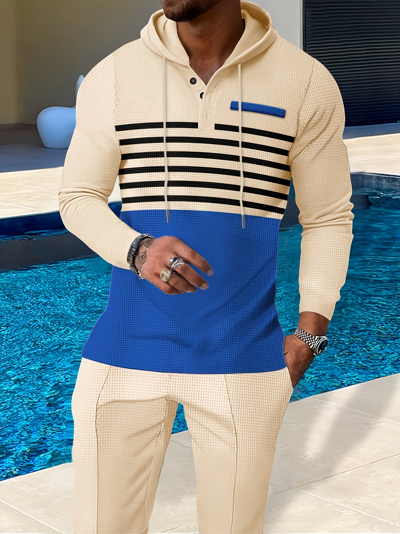 New Men's Casual Set Outdoor Versatile High Fashion Men's Hoodie Color blocked Striped Long Sleeve Top Long Pants Two Piece Set for Men