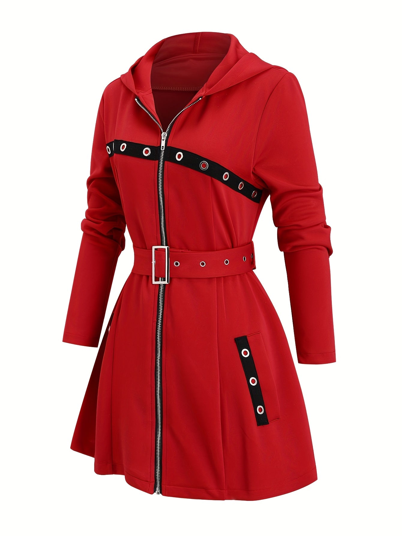 1pc Y2K Style Women'S Hooded Jacket - Solid Color Polyester Knit Fabric with Zipper and Belt Detail, Long Sleeve Punk-Inspired Casual Outerwear for Fall/Winter