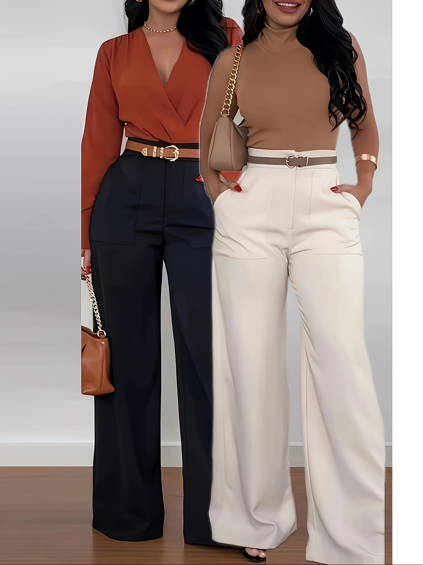 2pcs Women'S High-Waist Wide-Leg Pants - Elegant Solid Color Straight-Leg Cargo Pants with Large Pockets, All-Season Comfort, Olive Green & White, Perfect for Casual or Stylish Outfits, High Waisted Pants, Versatile Clothing,