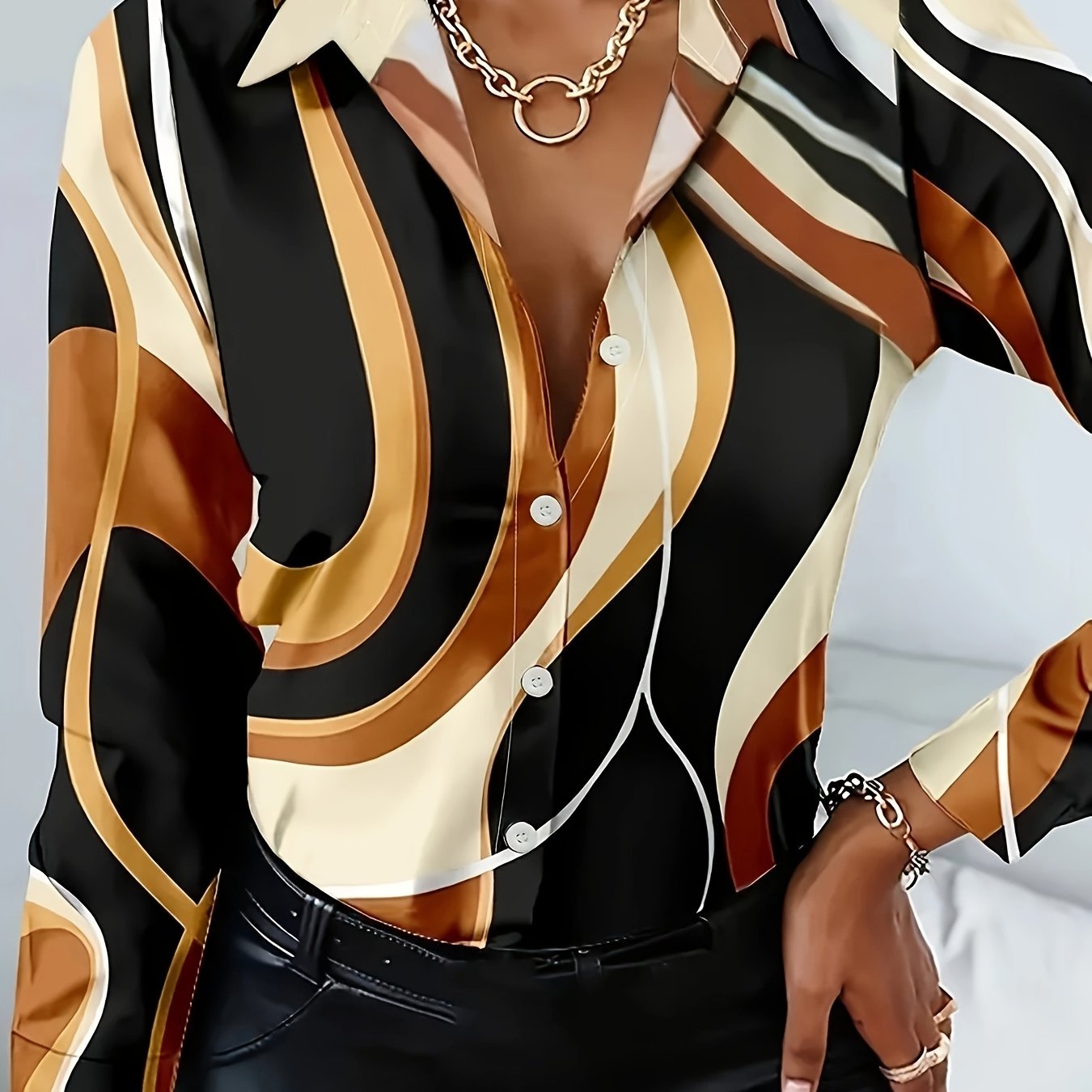 Print Women's Long Sleeve Button-Up Shirt - Stylish Geometric Print, Polyester, Machine Washable, Perfect for Spring/Summer/Fall