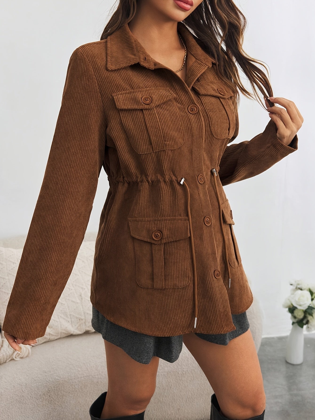 Solid Color Button Front Jacket, Casual Long Sleeve Flap Pockets Drawstring Jacket for Spring & Fall, Women's Clothing