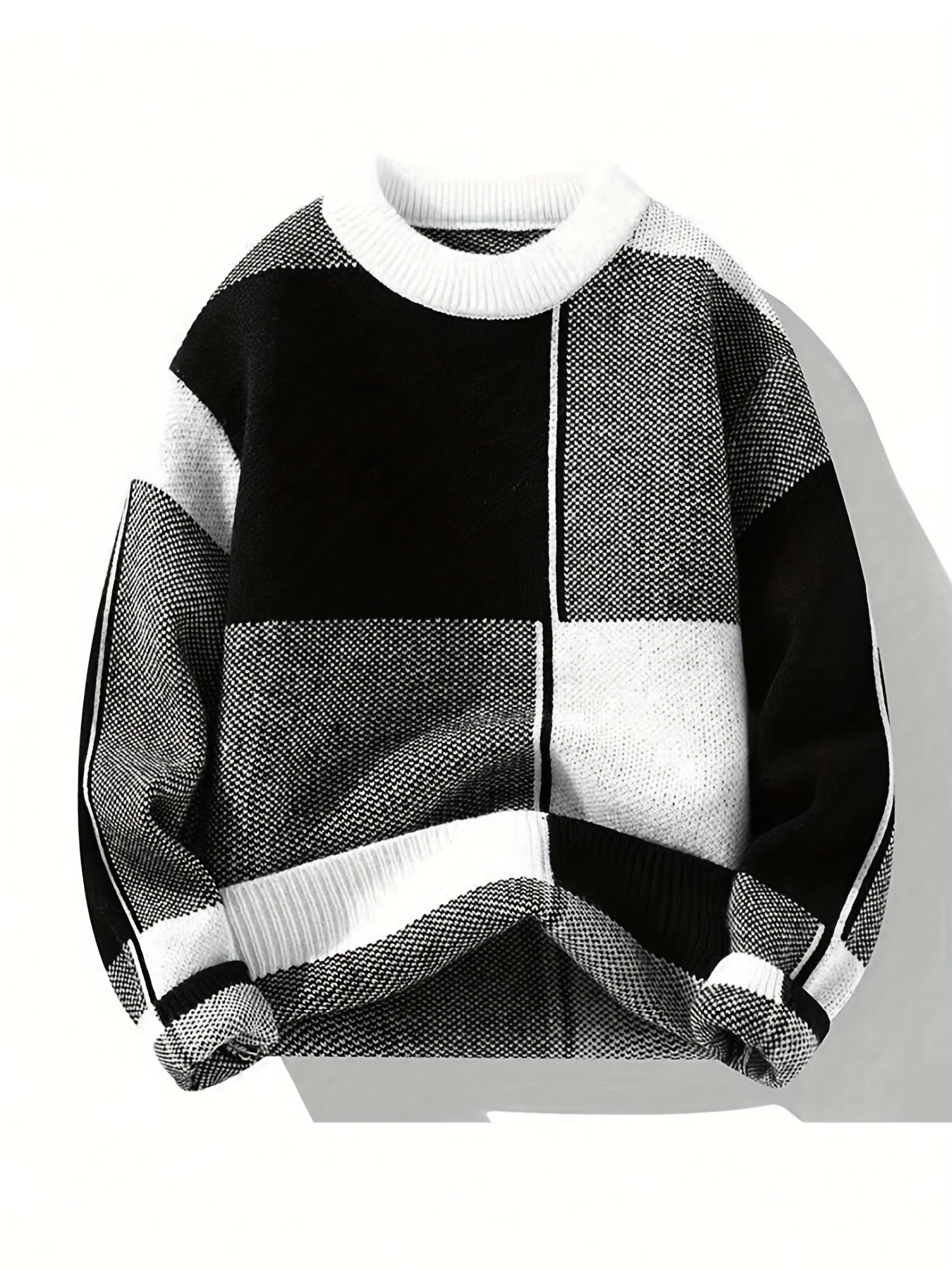 Men'S Casual Color Block Long Sleeve Sweater - Black & White Striped Design, Round Neck, Medium Stretch, Fall/Winter Wear, Regular Fit for Casual Attire, Comfortable Clothing | Stylish Casualwear | Mediumstretch Fabric, Sweat