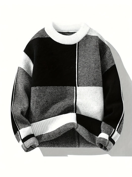 Men'S Casual Color Block Long Sleeve Sweater - Black & White Striped Design, Round Neck, Medium Stretch, Fall/Winter Wear, Regular Fit for Casual Attire, Comfortable Clothing | Stylish Casualwear | Mediumstretch Fabric, Sweat