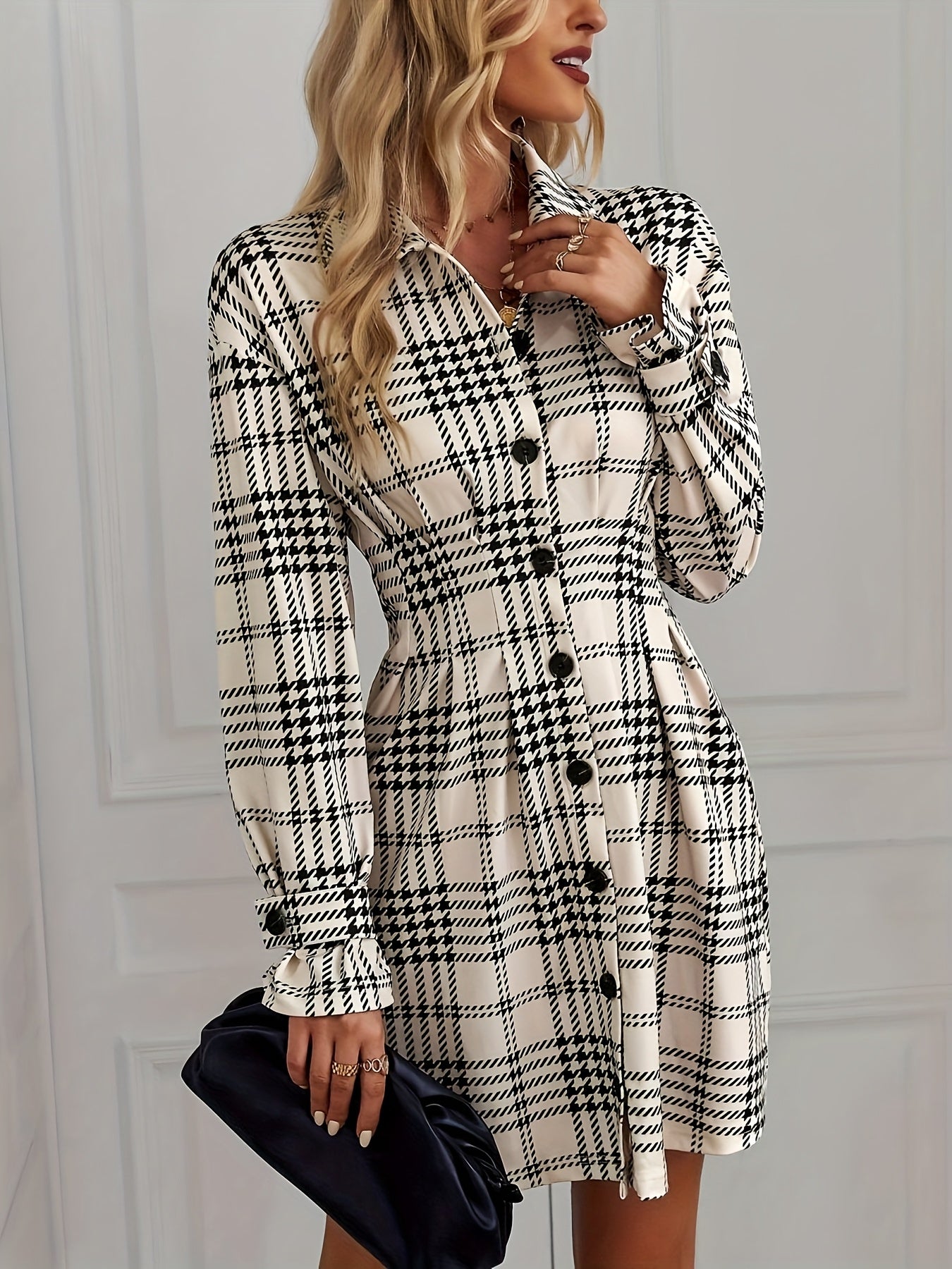 Elegant Houndstooth Plaid Button-Front Blouse Dress with Ruched Waist - Long Sleeve, Knee-Length, Black & White Check Pattern, Perfect for Adult Women, All-Season Wear, Stylish Button-Up Design, Allseason Attire | Ruched Wais