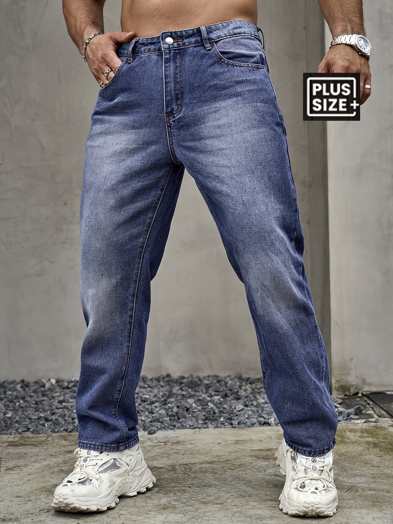 Plus Size Men'S Regular Fit Casual Jeans - Light Blue, Non-Stretch Denim with Button Closure, Pocket Details, All-Season Comfort, Casual Attire Jeans|Straight Leg Jeans|Sturdy Construction, Plus Size Jeans