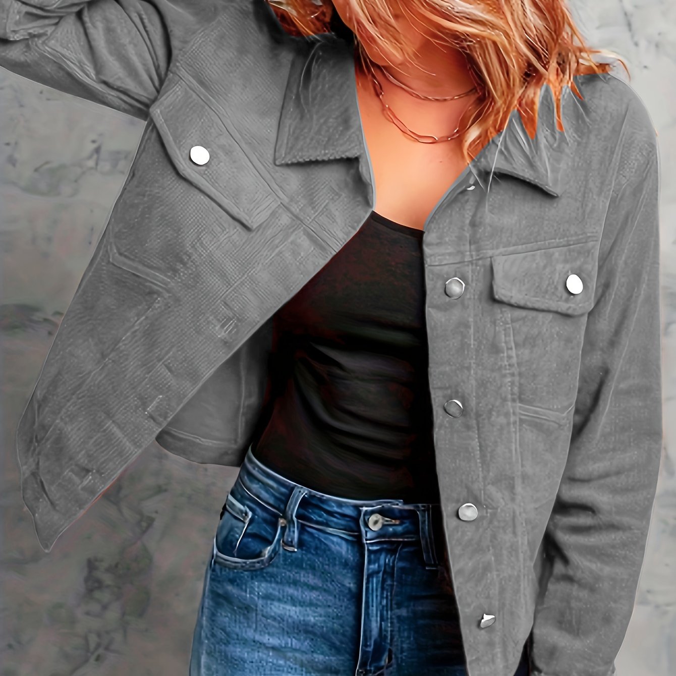 Corduroy Button Front Flap Pockets Jacket, Casual Long Sleeve Jacket For Spring & Fall, Women's Clothing