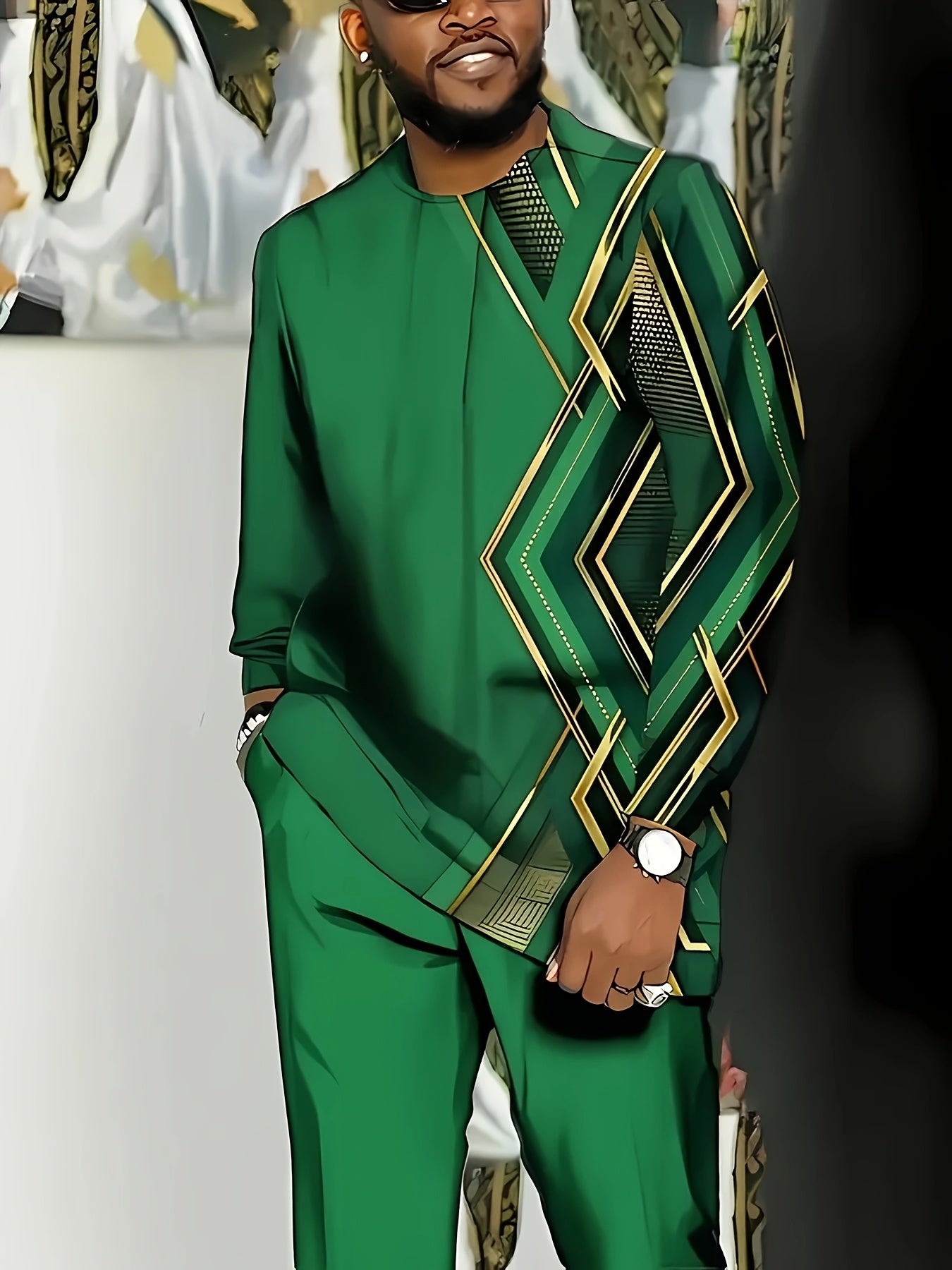 Large Men's Casual Sportswear Set -100% Polyester Fiber Knitted Fabric, Slightly Elastic, Round Neck Long Sleeved Top And Pants, Regular Silhouette, Geometric Pattern Details, PLUS SIZE