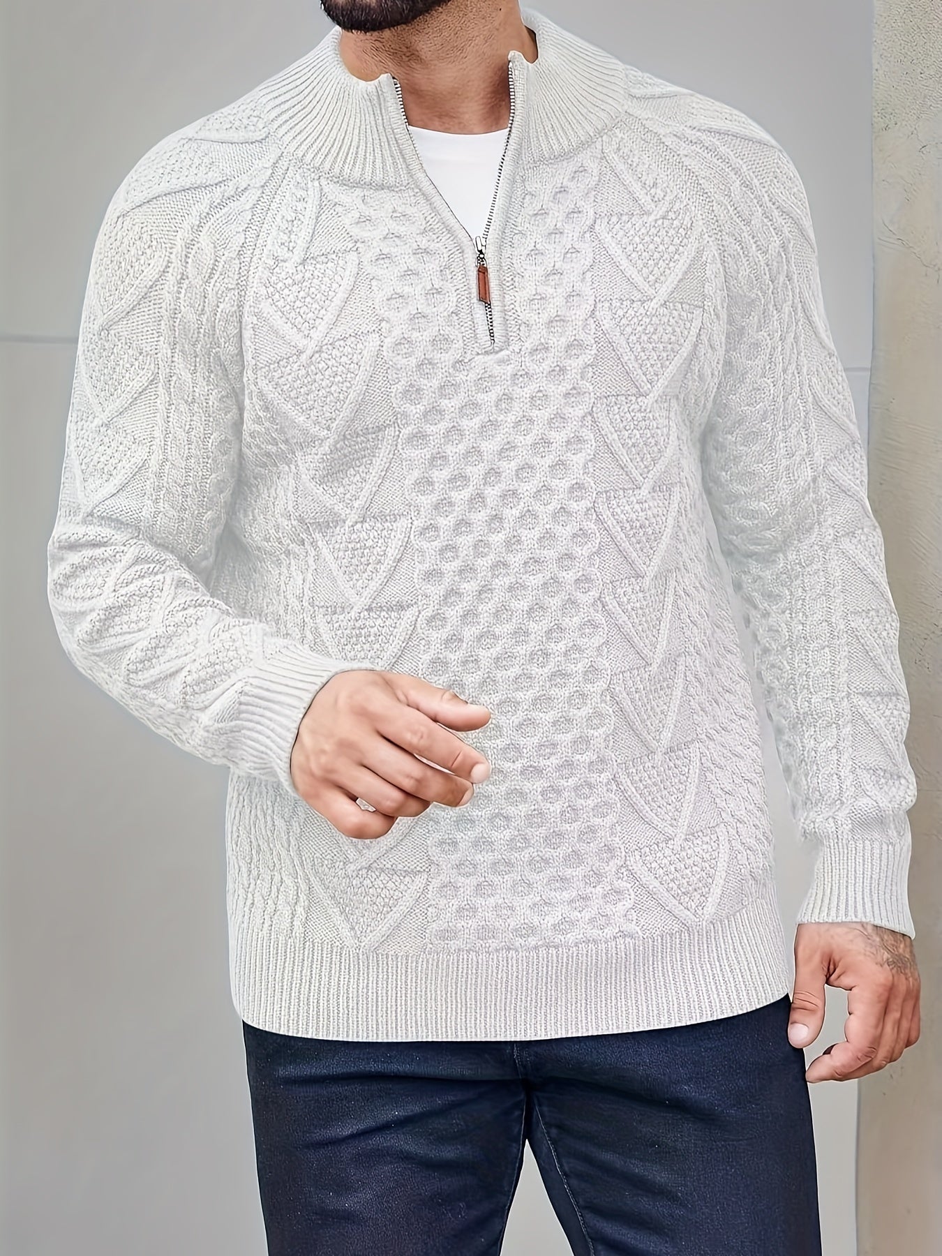 Plus Size Men's Cable-Knit Sweater - Slim Fit Stand Collar Zipper Front Casual Pullover, Thick Warm Winter Knitwear for Autumn & Winter, Easy Care Hand Wash/Dry Clean, Knit Sweater, Durable Fabric Wear, PLUS SIZE