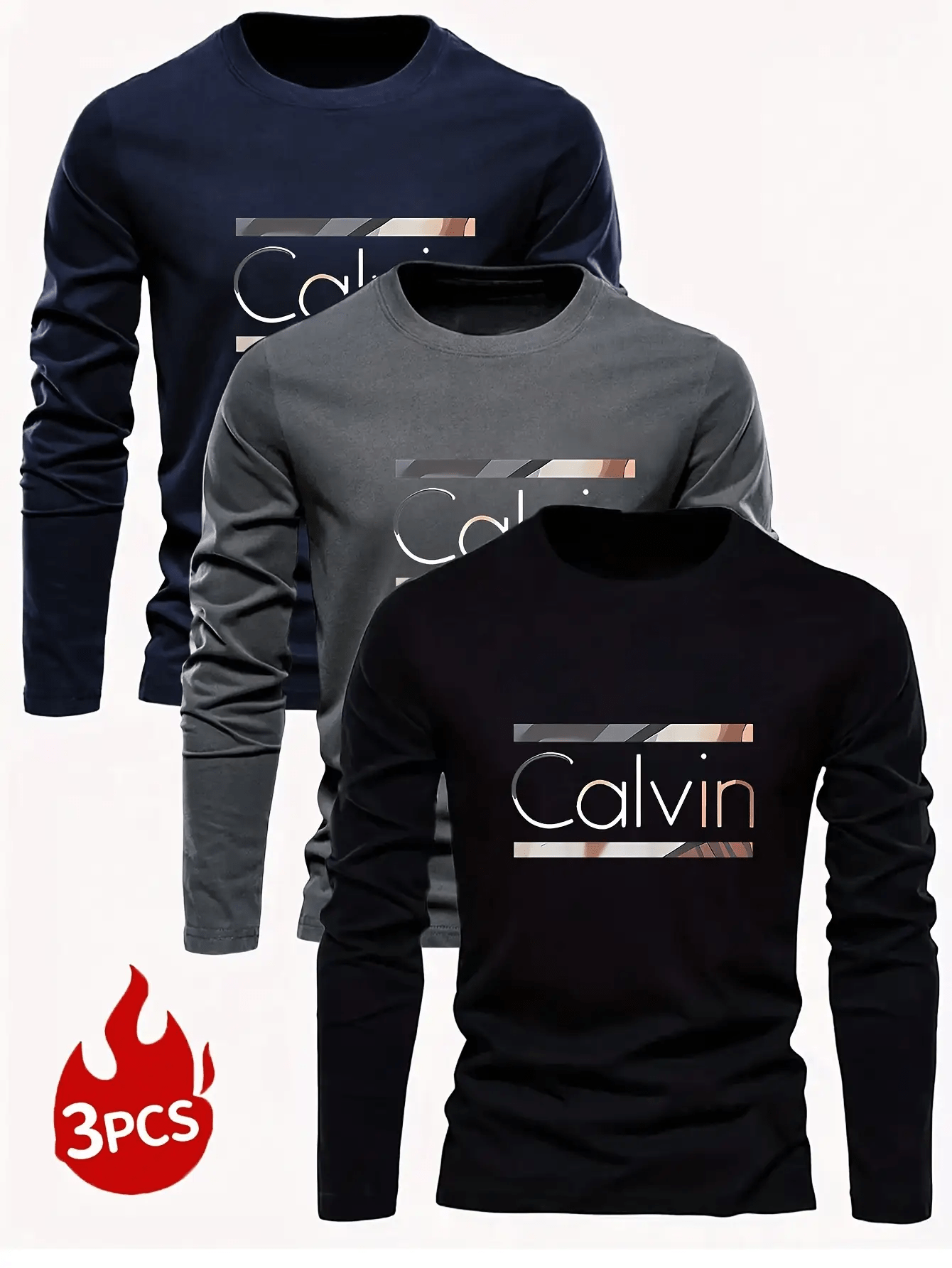 3pcs Set Men'S Plus Size Long Sleeve T-Shirts - Wrinkle-Resistant Polyester, Blue/Gray/Black with Golden Letter Print, Stand Collar Casual Shirts for Spring & Fall, Versatile for Parties & Casual Attire, Anti-Wrinkle Technolo