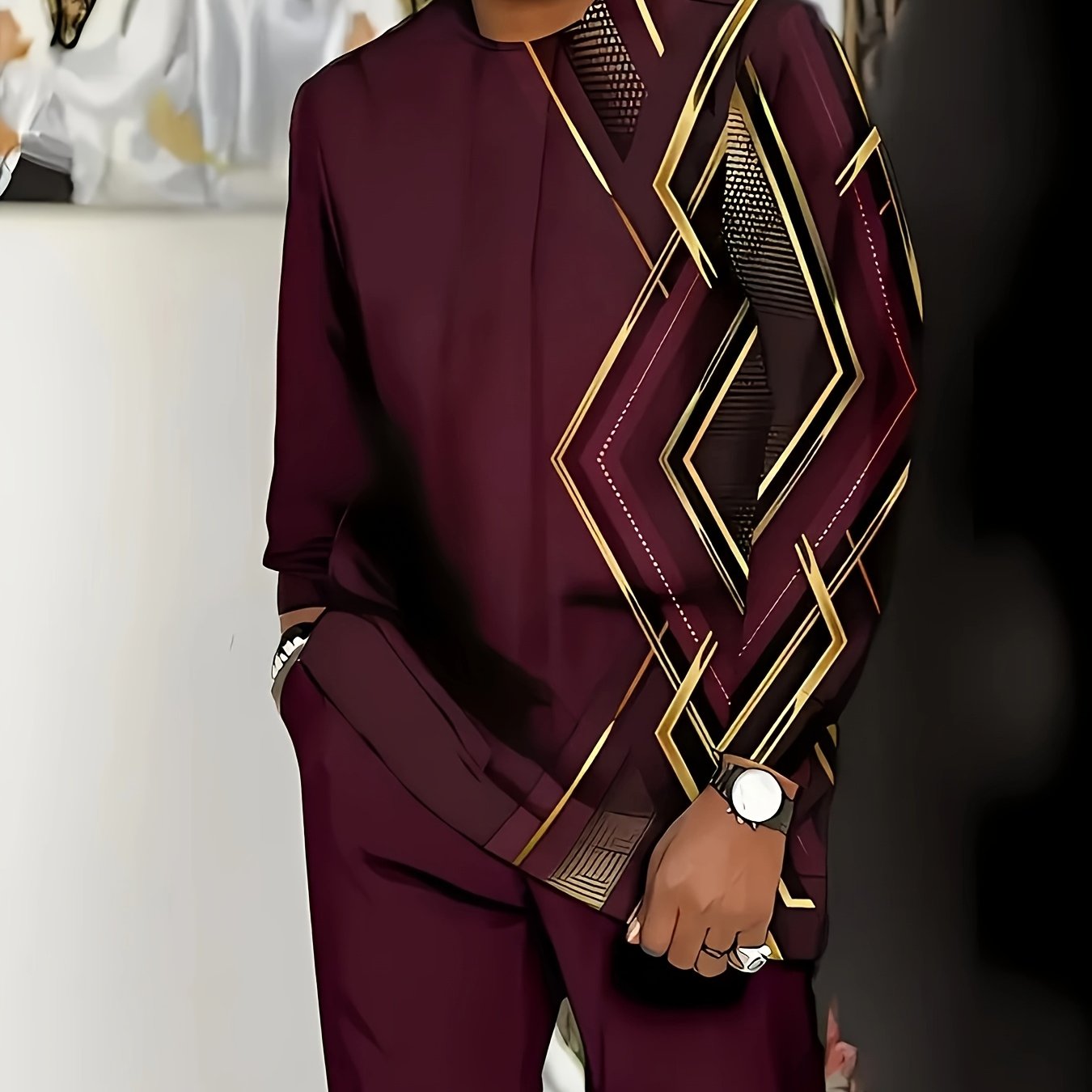 Large Men's Casual Sportswear Set -100% Polyester Fiber Knitted Fabric, Slightly Elastic, Round Neck Long Sleeved Top And Pants, Regular Silhouette, Geometric Pattern Details, PLUS SIZE