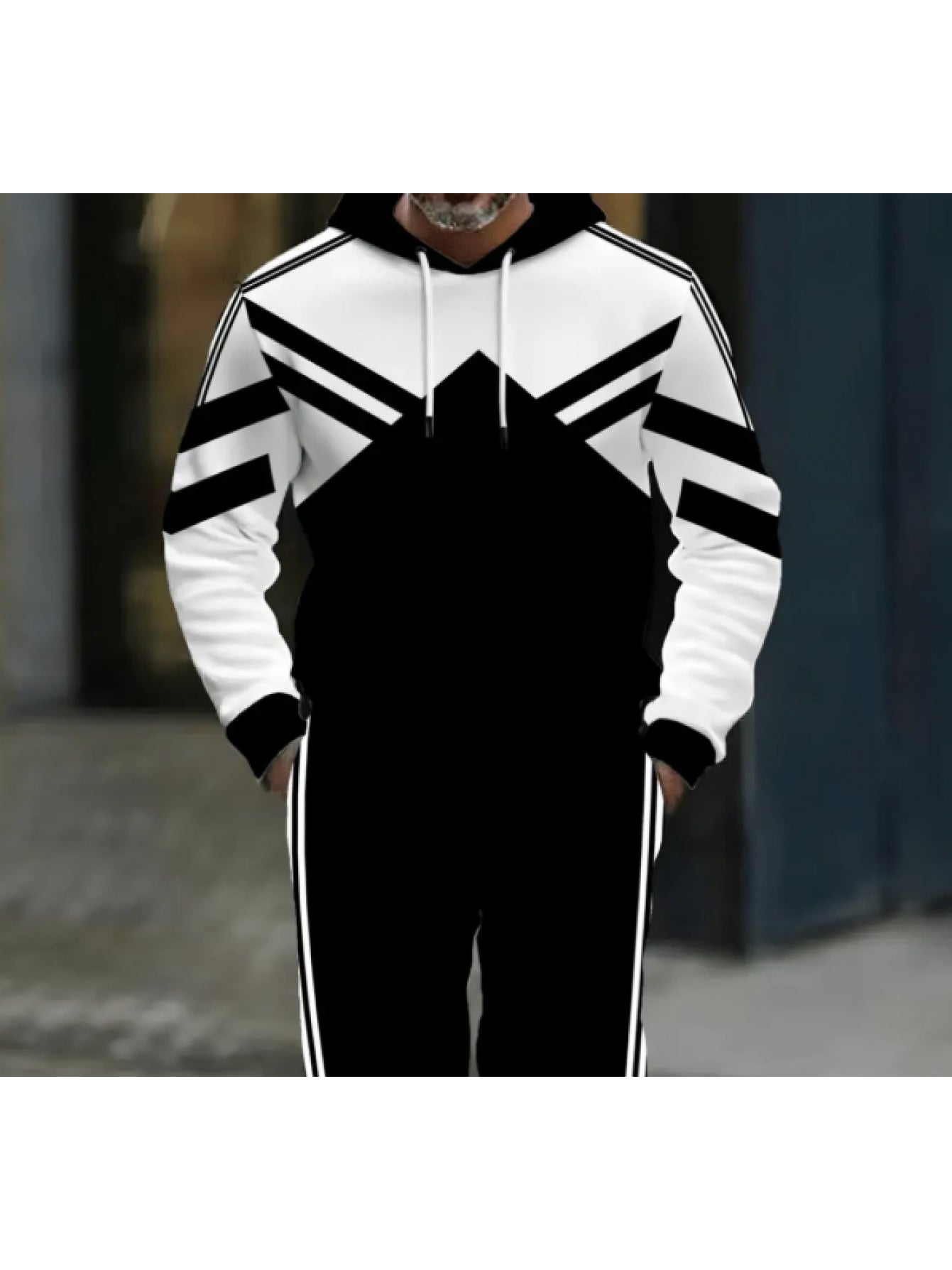 2pcs Men'S Plus-Size Hoodie & Pants Set - Black & White Geometric Pattern, Regular Fit Casual Sportswear for Outdoor Activities, Spring & Autumn, Back-to-School Essentials, Comfortable Clothing | Sporty Look | Durable Fabric,