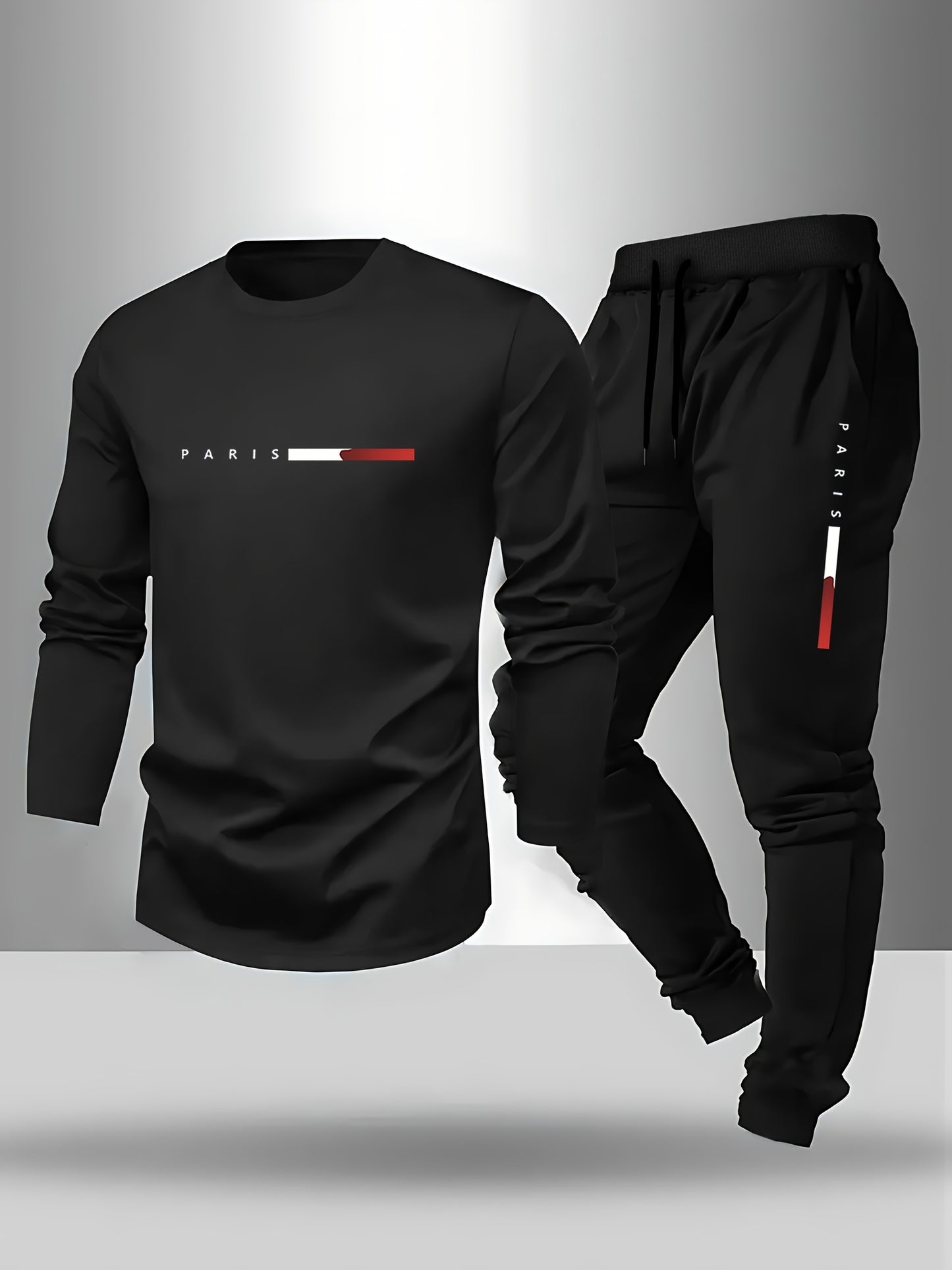 Men'S Casual Athletic Long Sleeve Shirt and Sweatpants Set - Black with White & Red "PARIS" Print, Drawstring Waist, Pockets, Polyester Blend for Golf, Running, Hiking & Outdoor Activities, Golf Attire, Sporty Look, Durable F