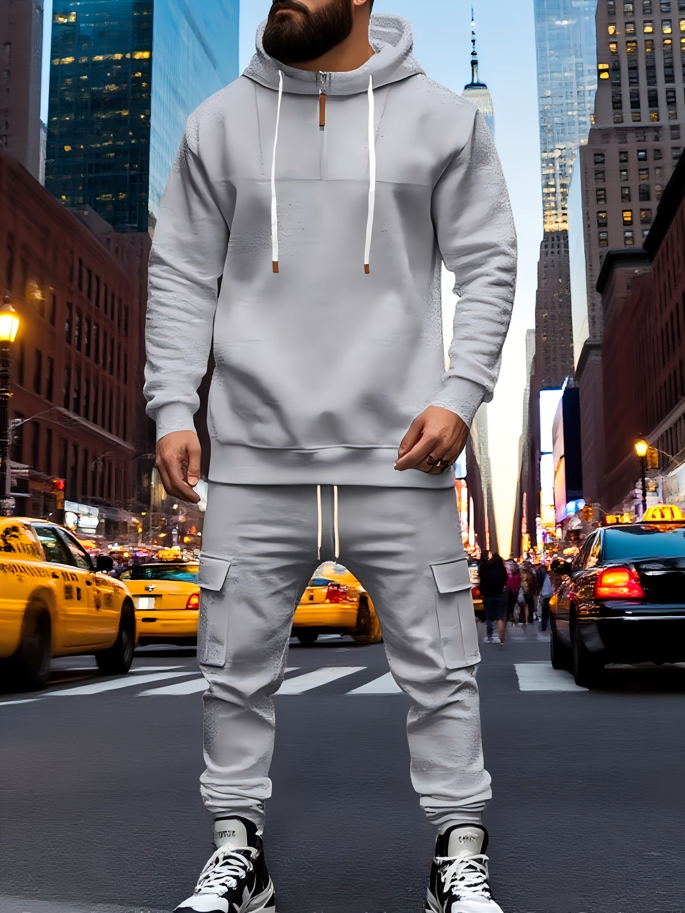 Exclusive for Tough Guys! Hooded Half - Zip Sweatshirt SetHeavyweight Fleece Fabric, Structured And Not Flimsy. The Half - Zip Design + Drawstring Hood, Full Of Street StyleThe Cargo Joggers with Multiple Pockets Are Practica