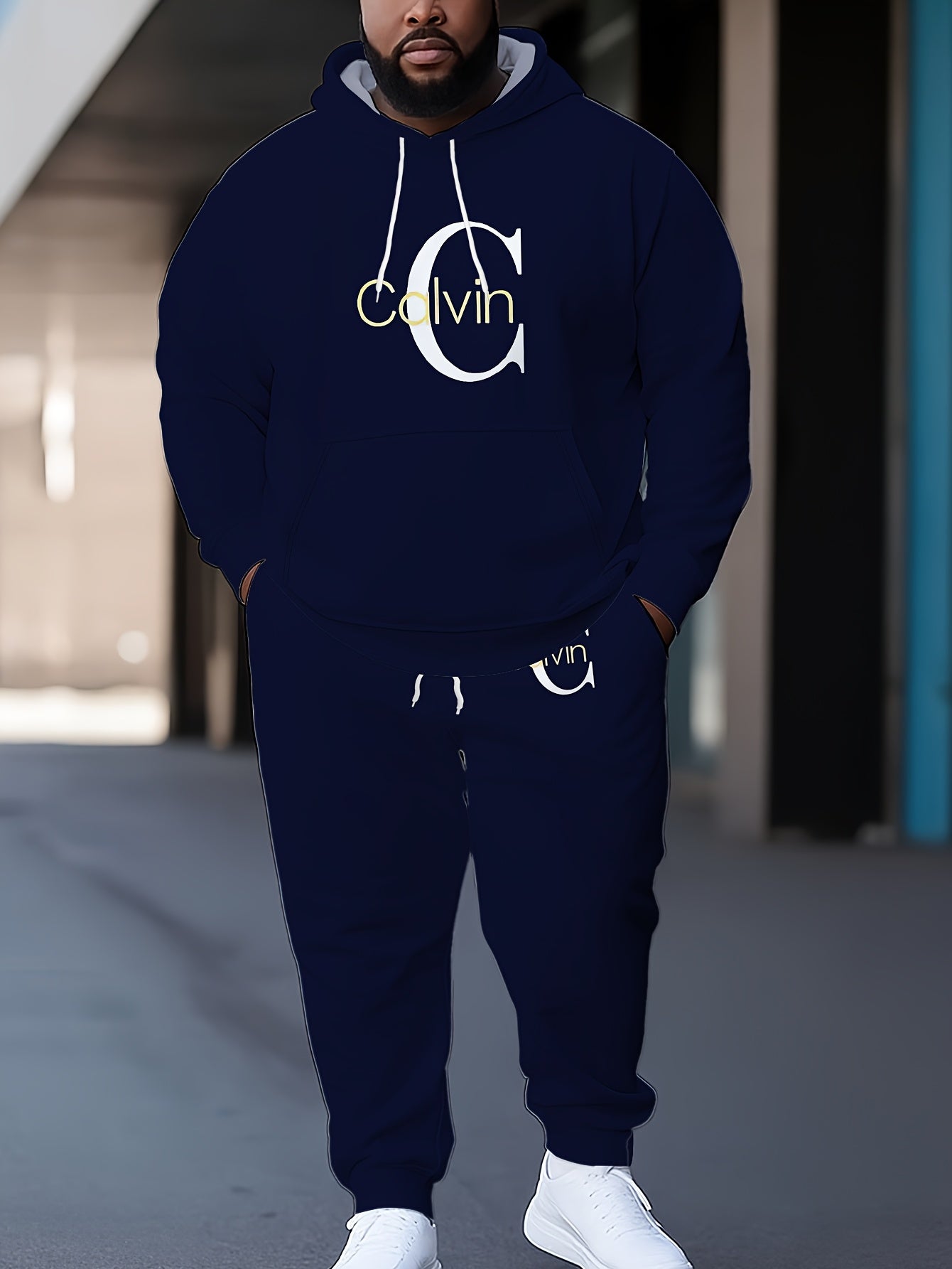 2pcs Men's Plus Casual Polyester Hoodie and Joggers Set with Letter Print, Suitable for Leisure and Outdoor Activities, Spring/Autumn Clothing, PLUS SIZE