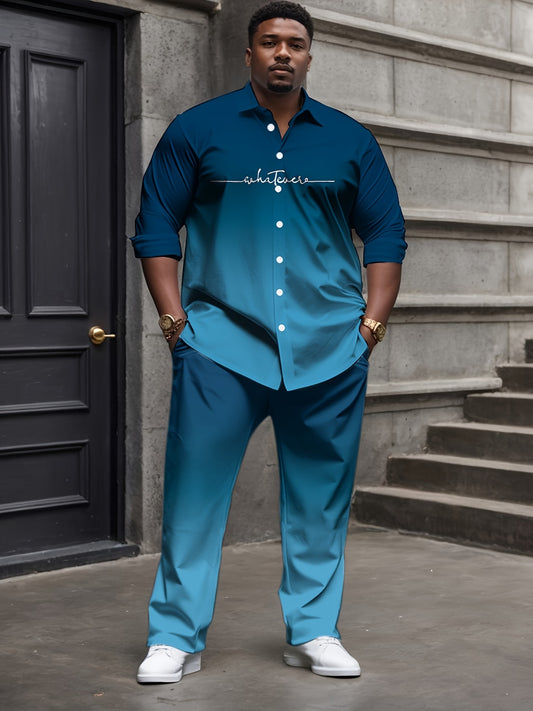 Plus Size Men's Set - Gradient Print Long Sleeve Shirt & Pants Set, 95% Polyester 5% Spandex, Regular Fit | Vibrant Color | Stretch Comfort | Machine Washable, Plus Size Clothes for Men, Trouser for Men Plus Size, Pants for M