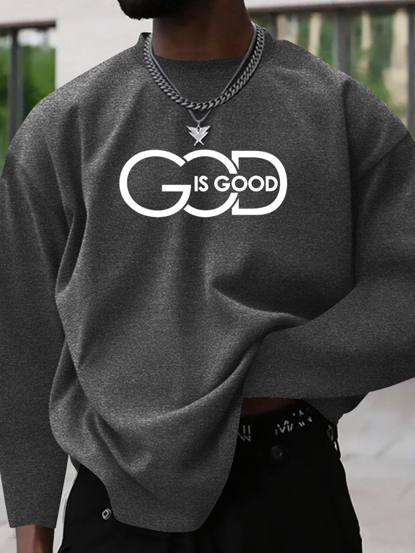 Men's Plus Size "GOD IS GOOD" Graphic Print Long Sleeve T-Shirt - Heather Gray Casual Comfort Fit Round Neck Top for Spring/Fall, Medium Stretch Fabric, PLUS SIZE