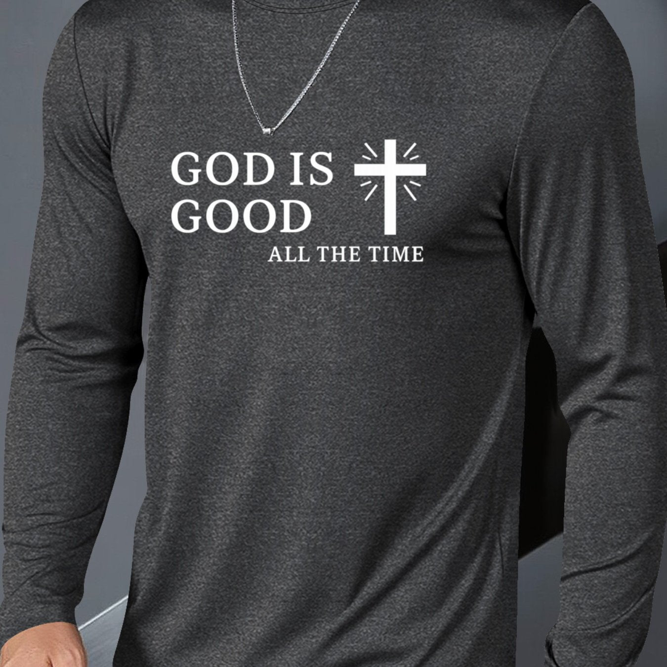 Men's Plus Size Christian Faith T-Shirt - Inspirational "GOD IS GOOD ALL THE TIME" & Cross Print, Breathable Long Sleeve Round Neck Casual Shirt for Church, Casual Attire, Spring/Fall Layering (Adults & Teens) - Comfortable R