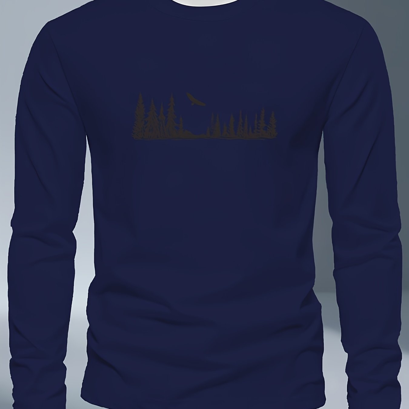 Men's Plus Size Long Sleeve T-Shirt - Navy Blue with Golden Pine Tree & Bird Design - Relaxed Fit Casual Everyday & Formal Wear - Machine Washable Graphic Tee, Durable Fabric Shirt, Versatile Top, Geometric Pattern, Comfortab
