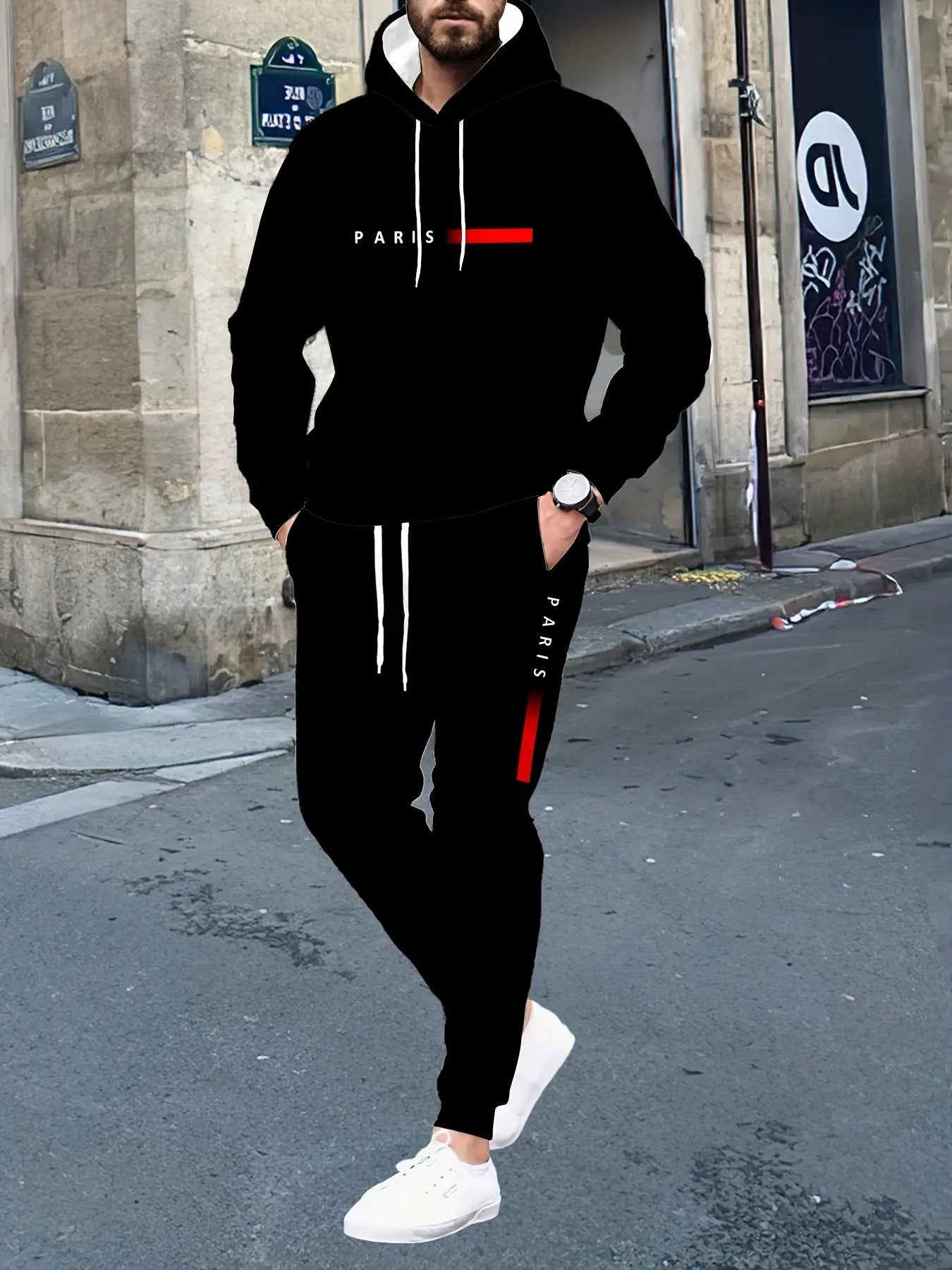Men'S Parisian Style Hooded Sweatshirt & Joggers 2pcs Set - Oversized Fit Casual Athletic Wear with White Paris Lettering Print, Black with Red Accent Tracksuit, Regular Cut for Gym, Lounge & Everyday Comfort - Breathable Fab