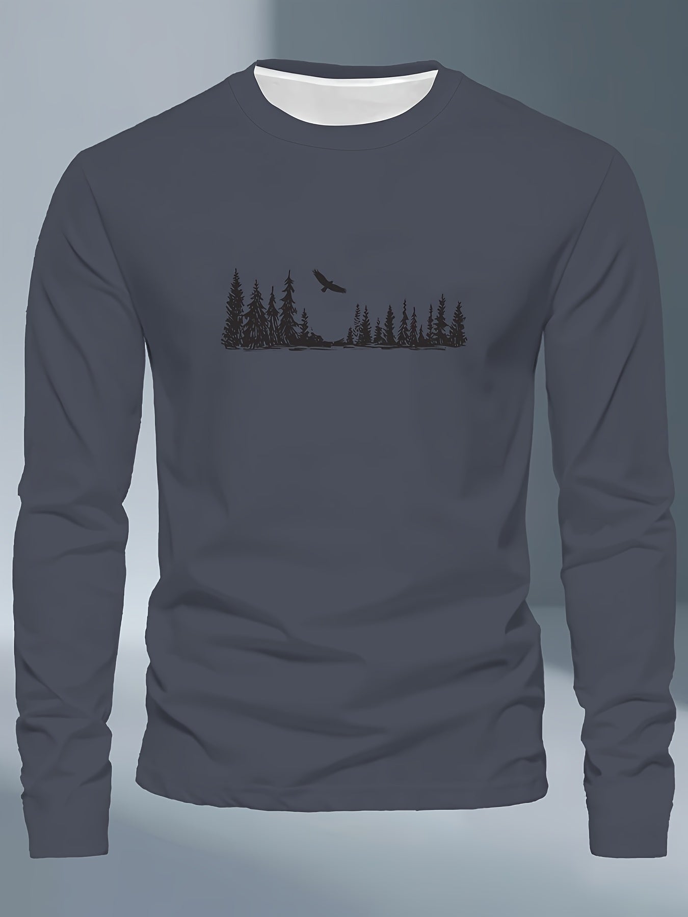 Men's Plus Size Long Sleeve T-Shirt - Navy Blue with Golden Pine Tree & Bird Design - Relaxed Fit Casual Everyday & Formal Wear - Machine Washable Graphic Tee, Durable Fabric Shirt, Versatile Top, Geometric Pattern, Comfortab