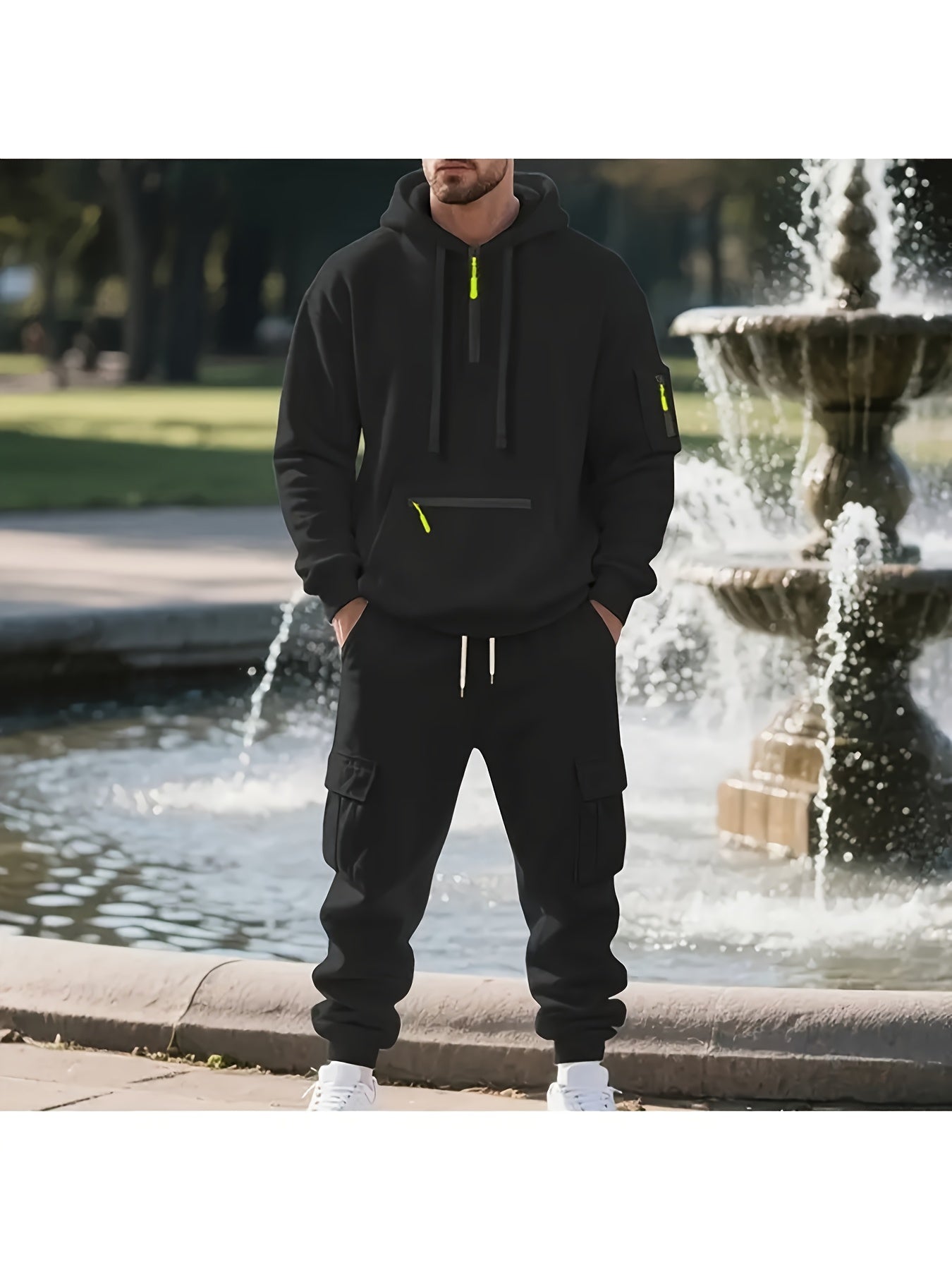 2pcs Men's Oversized Fleece Hooded Set - Heavyweight Warmth Breathable Fleece Jogger Tracksuit with Full-Zip Hoodie & Matching Pants, Grey/Black Casual Athletic Outfit for Gym, Outdoor, Casual Attire - Machine Washable, Round