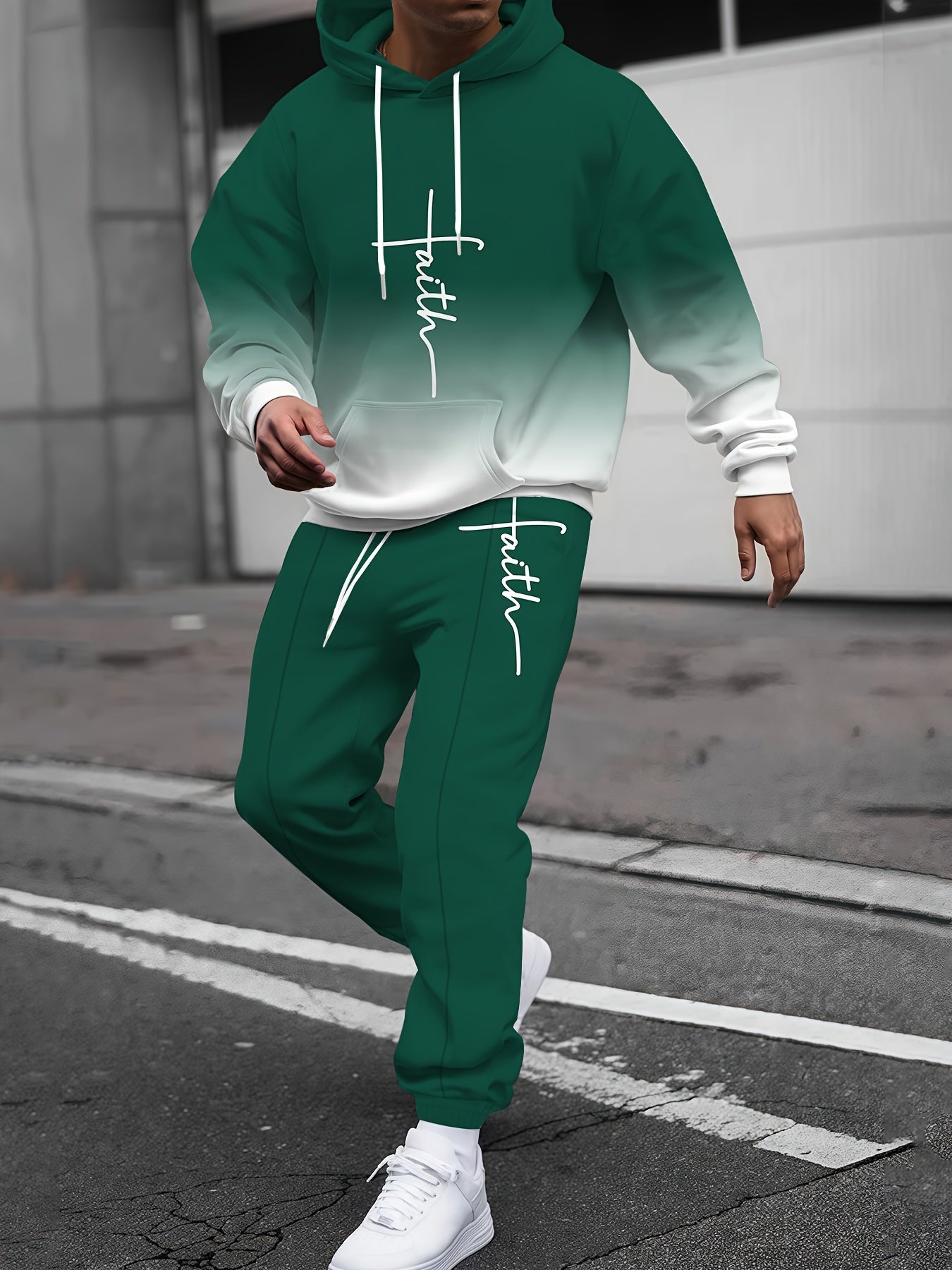 2pcs Gradient Letter 3D Digital Print Hooded Sweatshirt & Sweatpants Set - Unisex Couple Matching Outfits, Green to White Ombre with Faith Lettering, Full-Zip Hoodie & Elastic Waist Joggers, Machine Washable Casual Gym & Casu