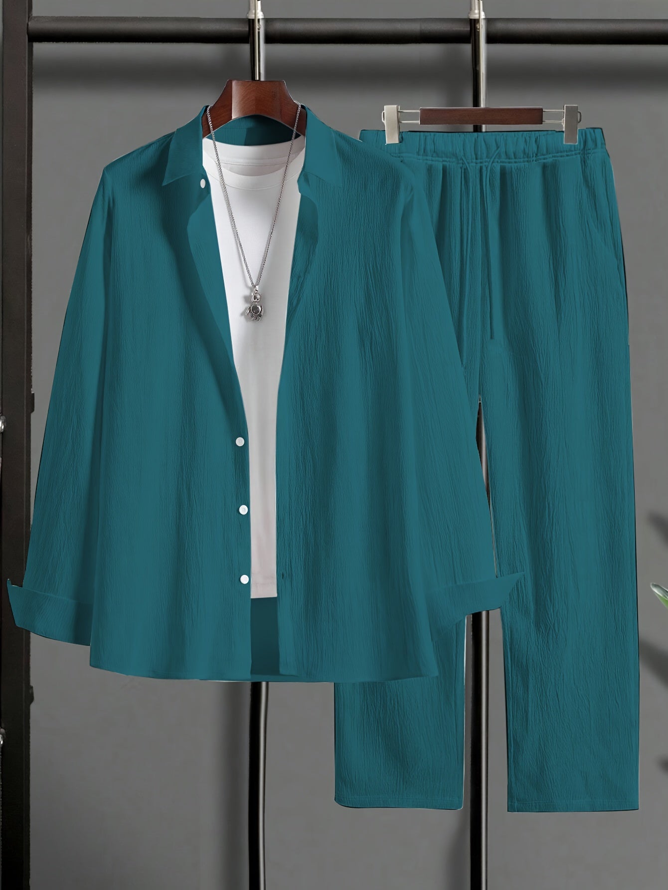 Plus Size Men's Sets, Long Sleeve Shirt & Trousers, Casual Suit Polyester Machine Washable, Lapel Stretch Outfit, Big & Tall Men, Stylish Comfort, Casual Wear, Work Attire, Stylish Set, Versatile Outfit, Comfortable Fit, Brea