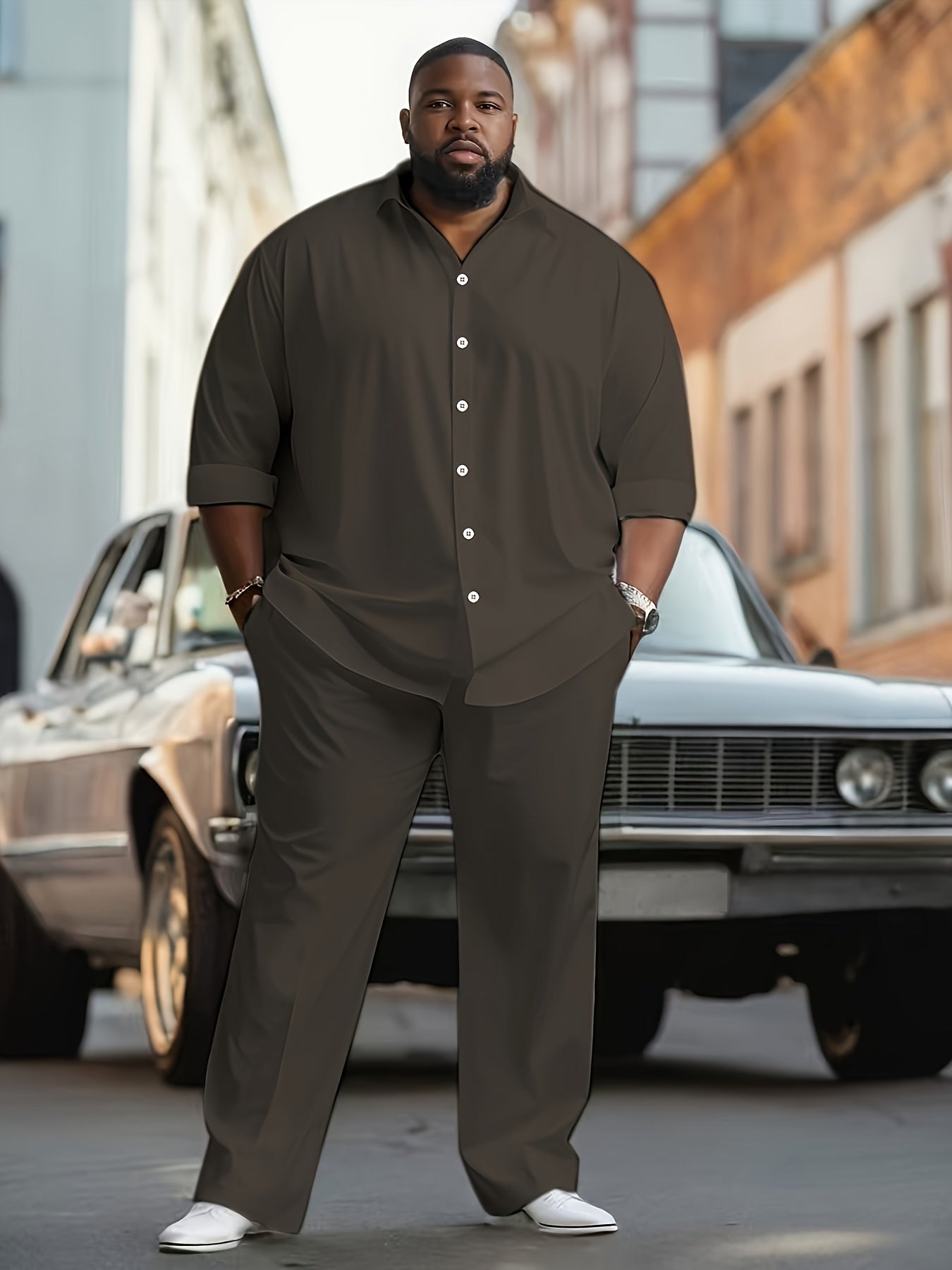 Plus Size Men's Sets, Long Sleeve Shirt & Trousers, Casual Suit Polyester Machine Washable, Lapel Stretch Outfit, Big & Tall Men, Stylish Comfort, Casual Wear, Work Attire, Stylish Set, Versatile Outfit, Comfortable Fit, Brea