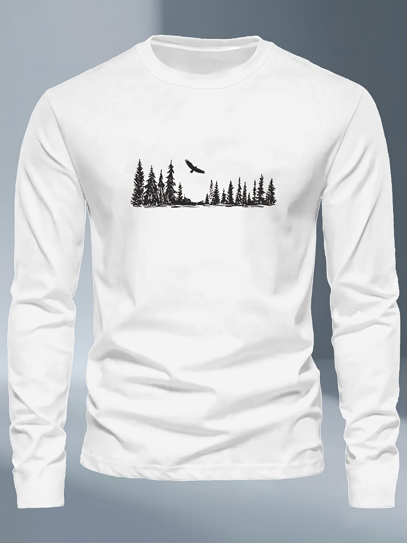 Men's Plus Size Long Sleeve T-Shirt - Navy Blue with Golden Pine Tree & Bird Design - Relaxed Fit Casual Everyday & Formal Wear - Machine Washable Graphic Tee, Durable Fabric Shirt, Versatile Top, Geometric Pattern, Comfortab